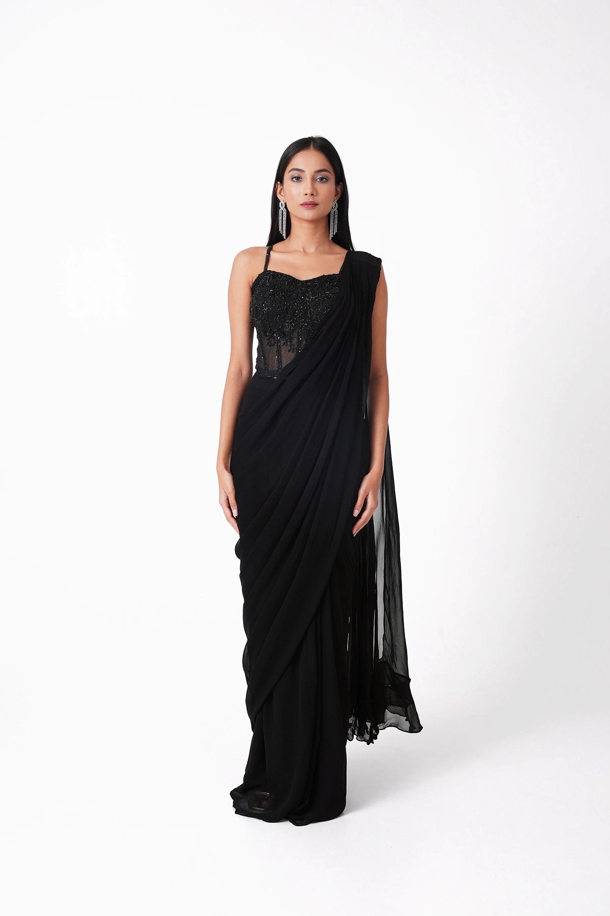 Black Corset Pre-Draped Saree In Georgette
