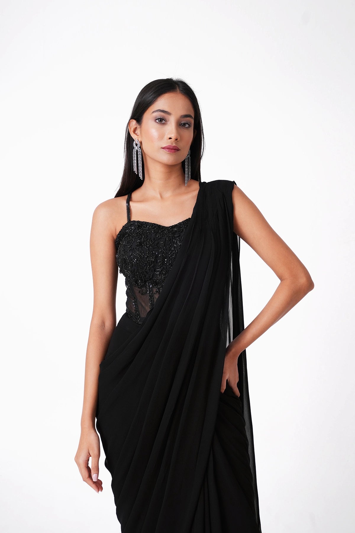 Black Corset Pre-Draped Saree In Georgette