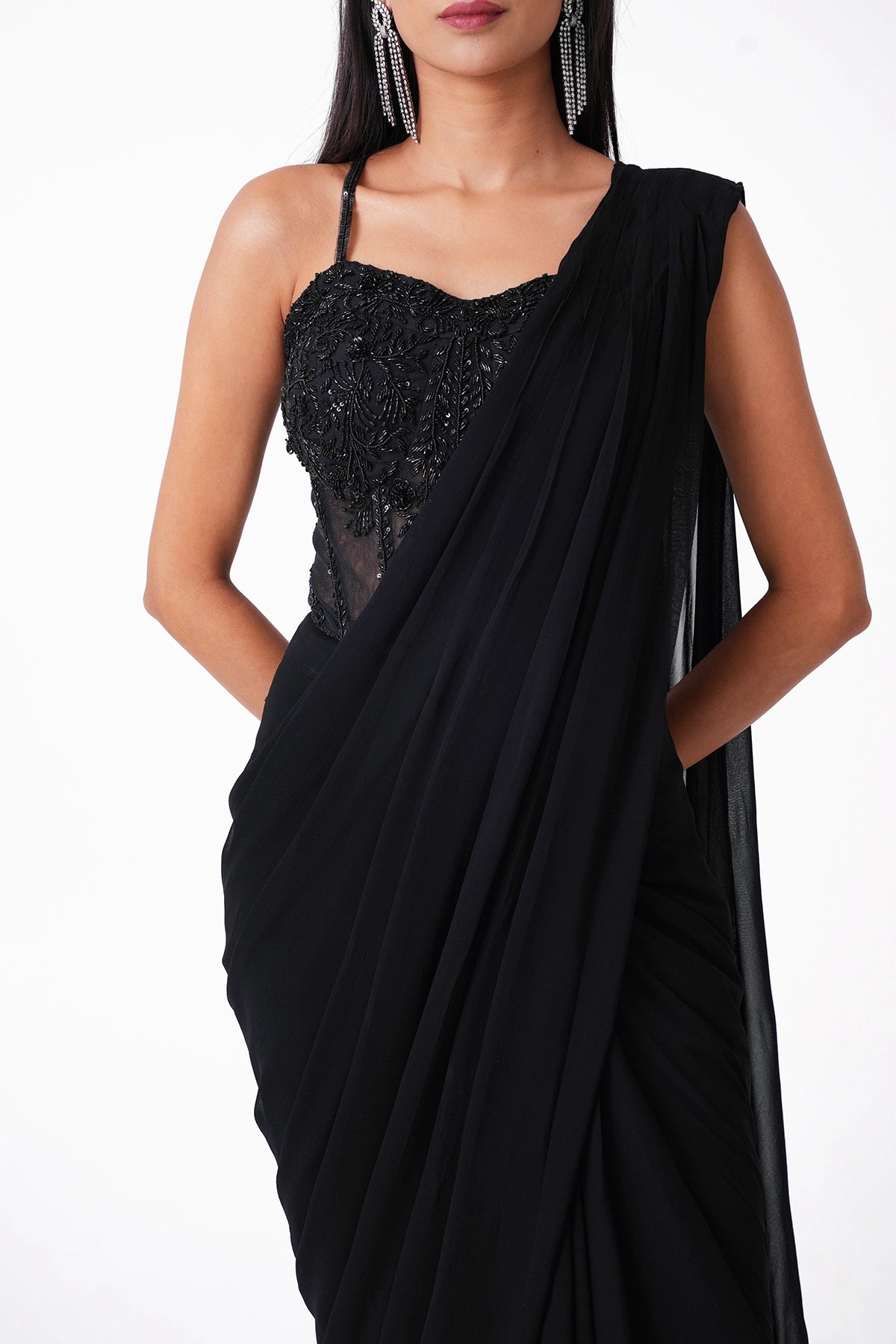 Black Corset Pre-Draped Saree In Georgette