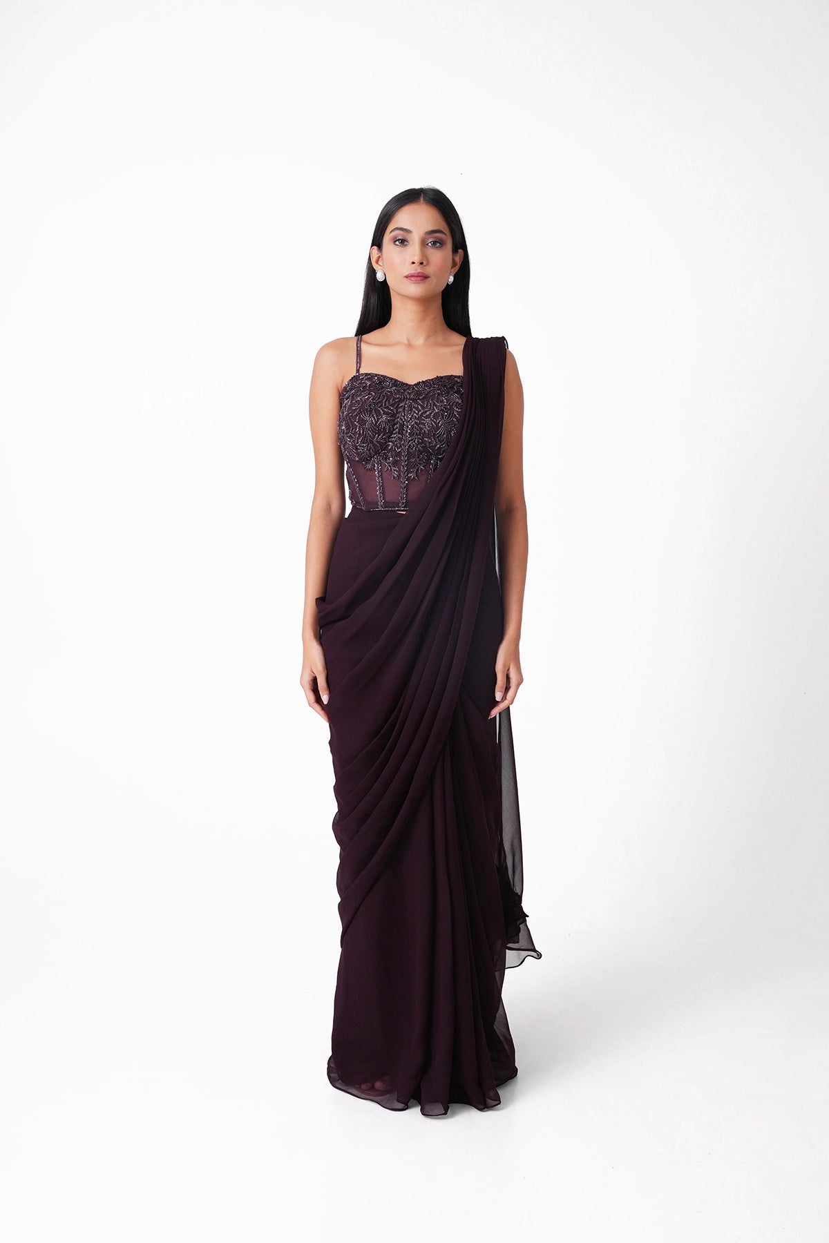 Wine Corset Pre-Draped Saree In Georgette