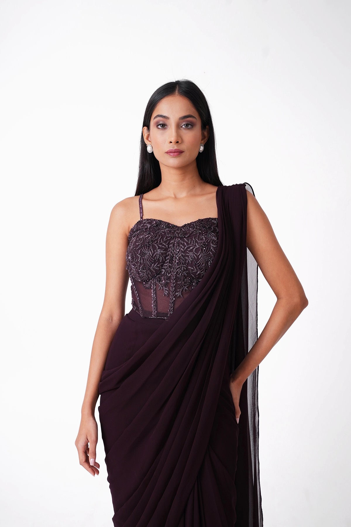 Wine Corset Pre-Draped Saree In Georgette