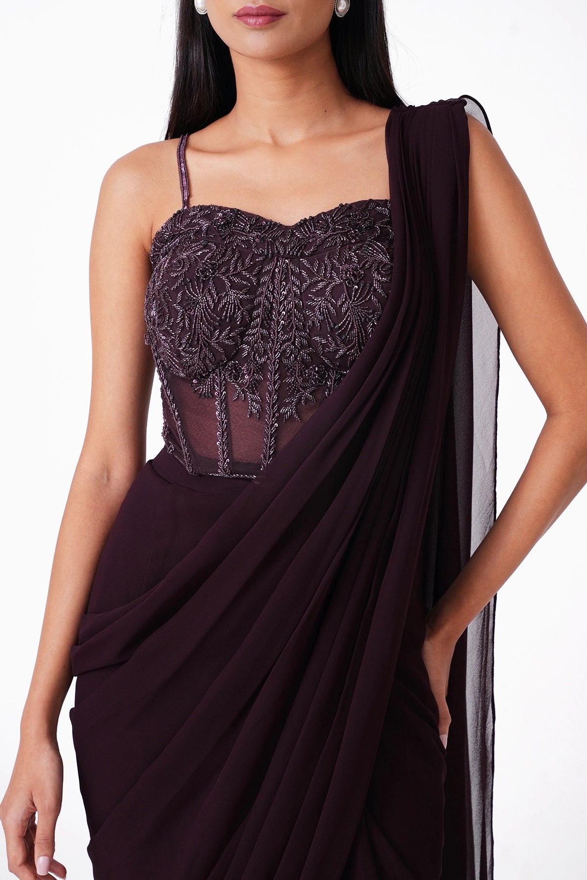 Wine Corset Pre-Draped Saree In Georgette
