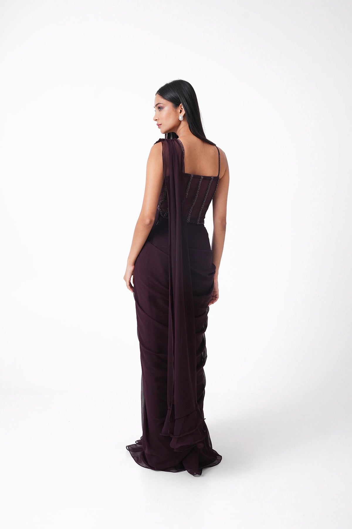 Wine Corset Pre-Draped Saree In Georgette