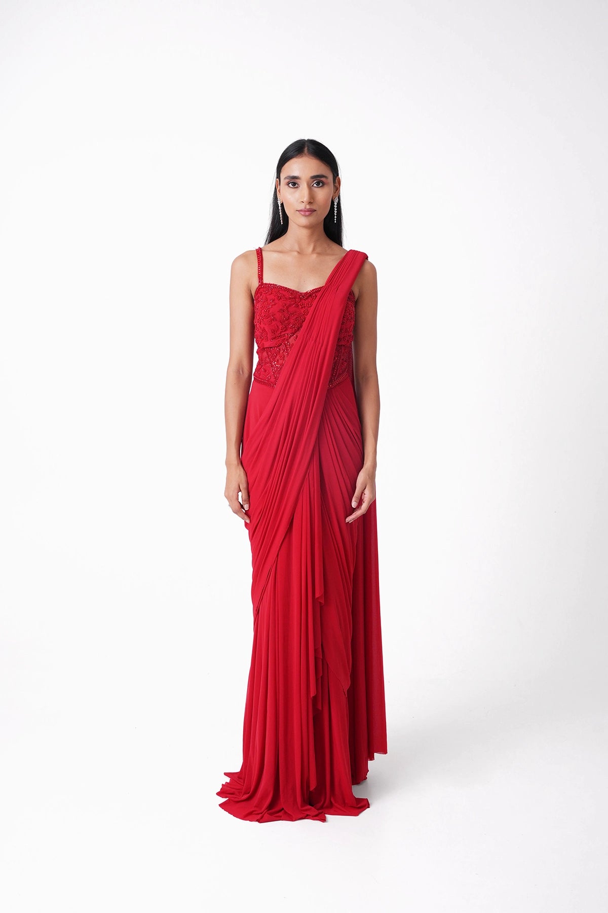 Red Corset Pre-Draped Saree In Lycra