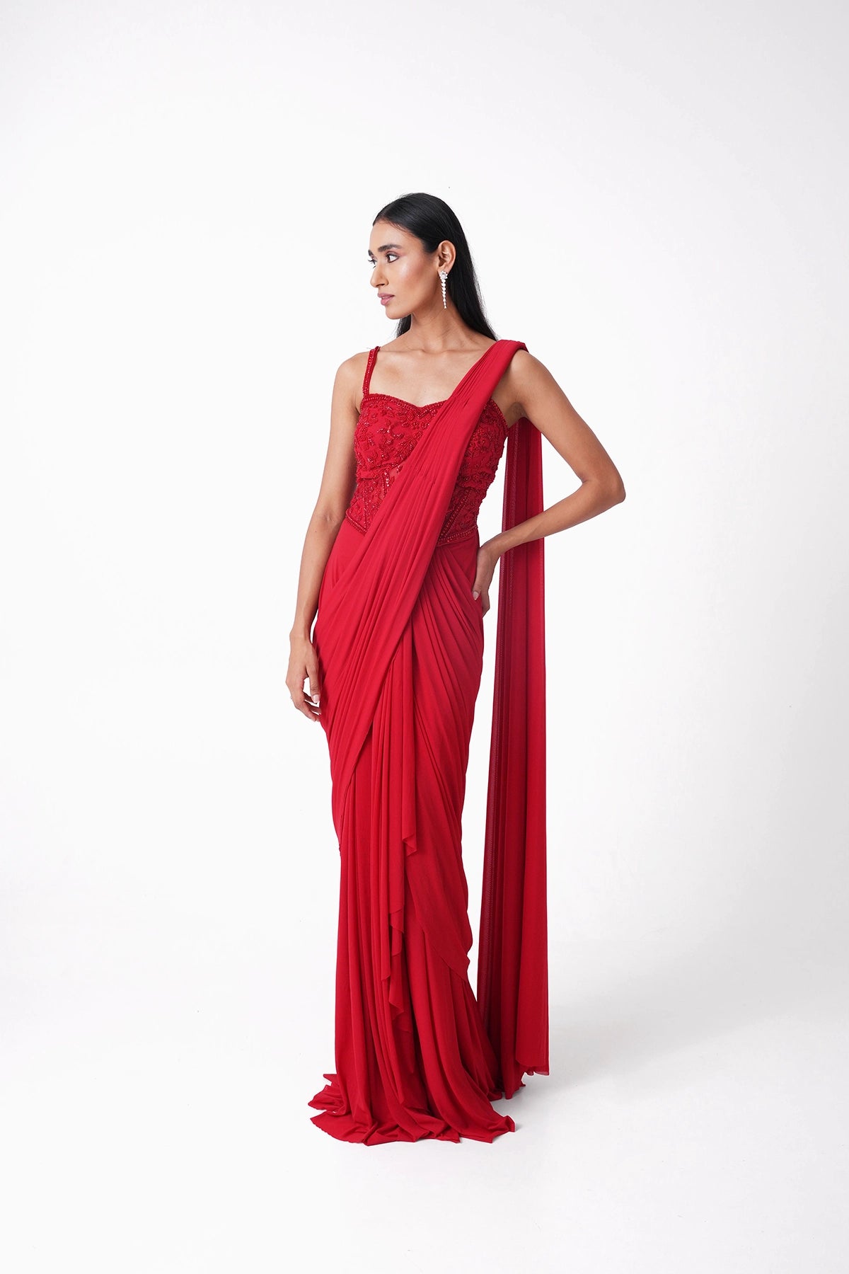 Red Corset Pre-Draped Saree In Lycra
