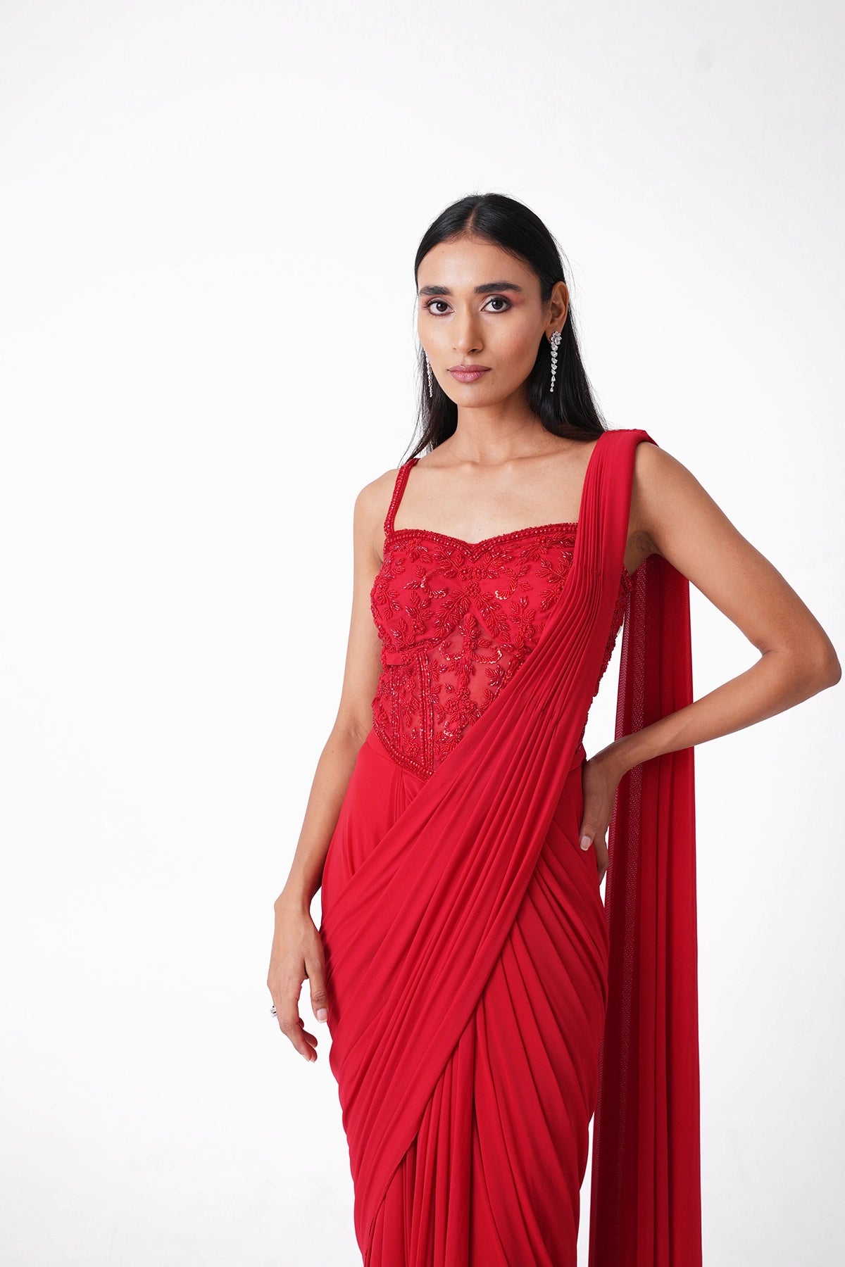 Red Corset Pre-Draped Saree In Lycra