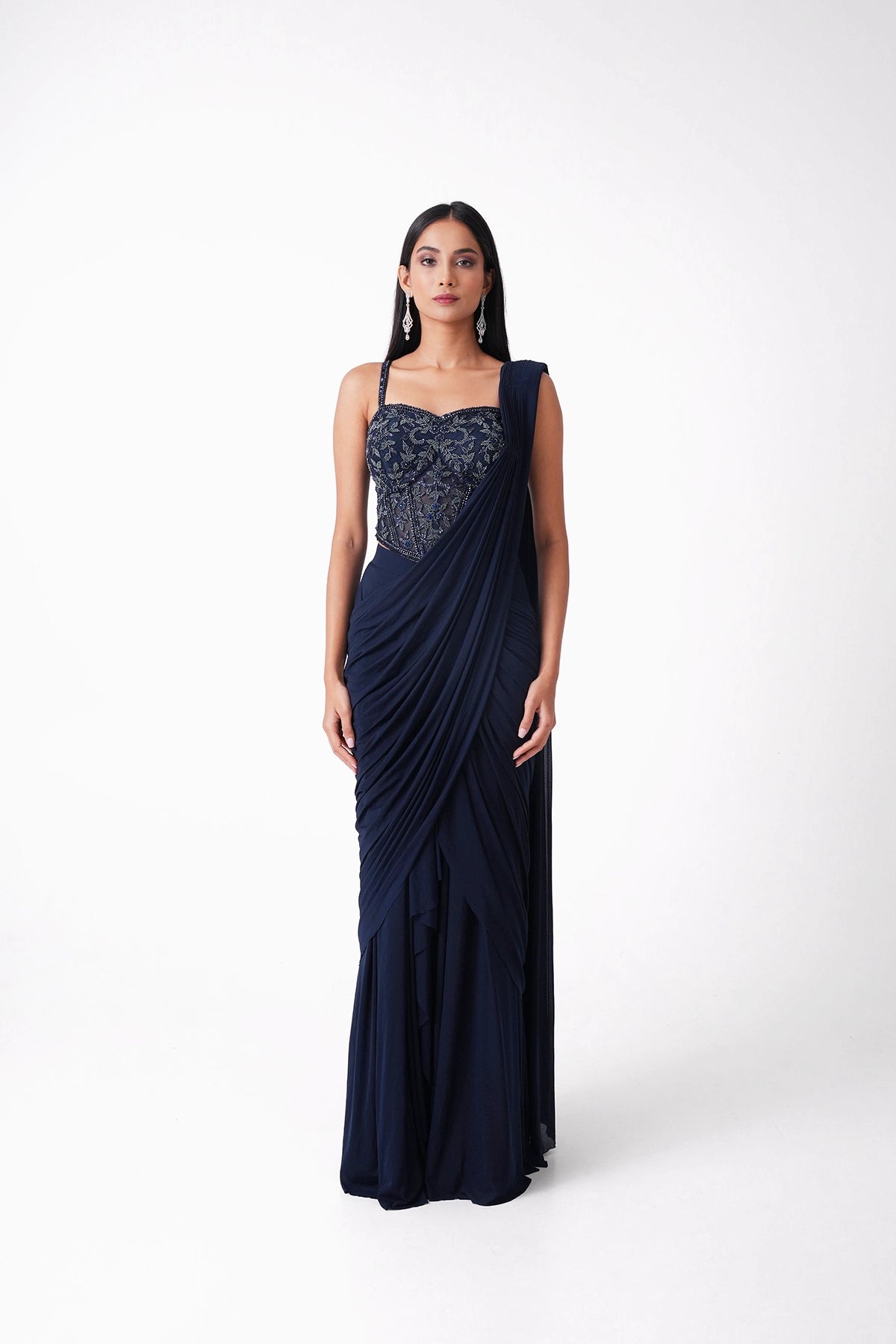 Navy Blue Corset Pre-Draped Saree In Lycra