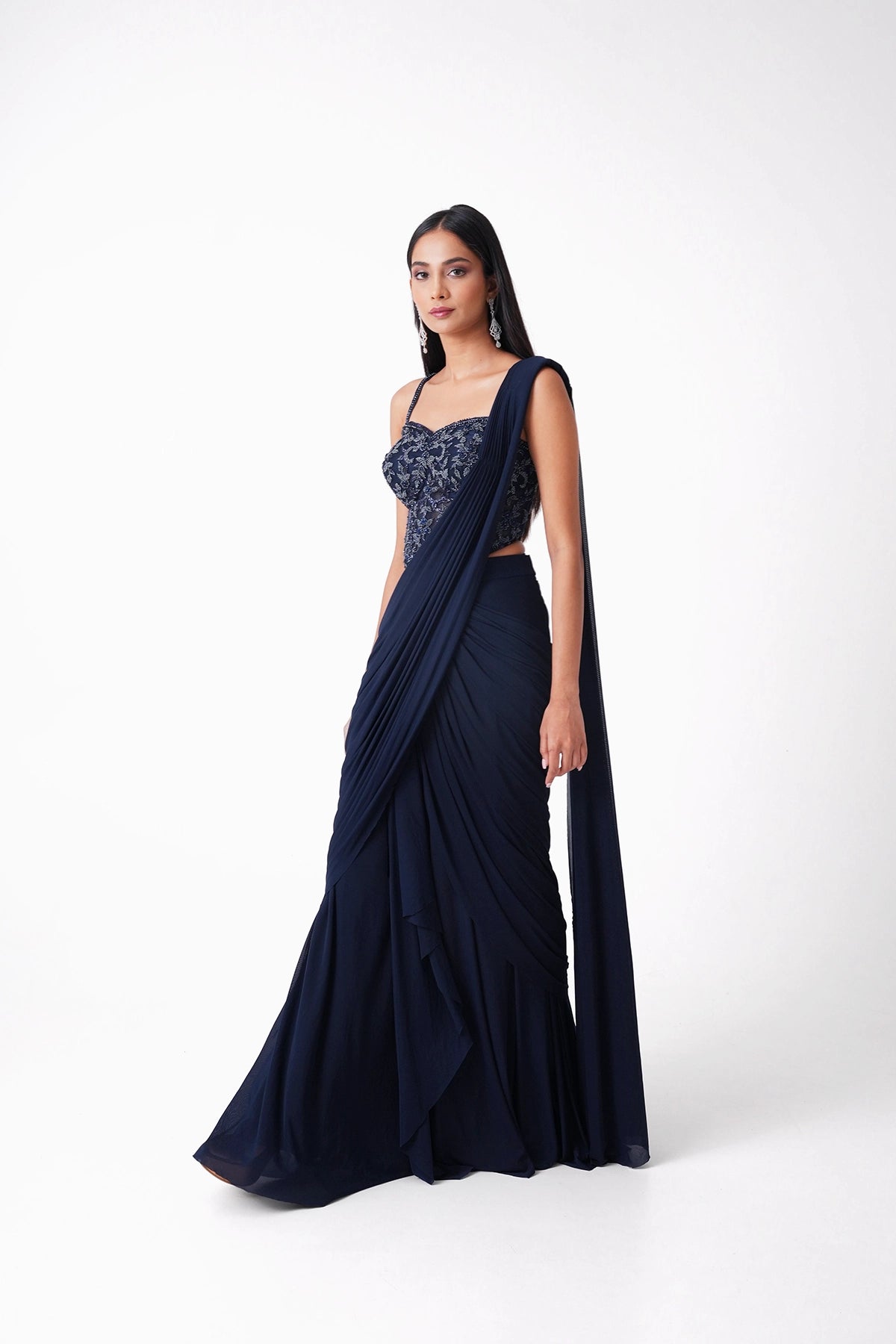 Navy Blue Corset Pre-Draped Saree In Lycra
