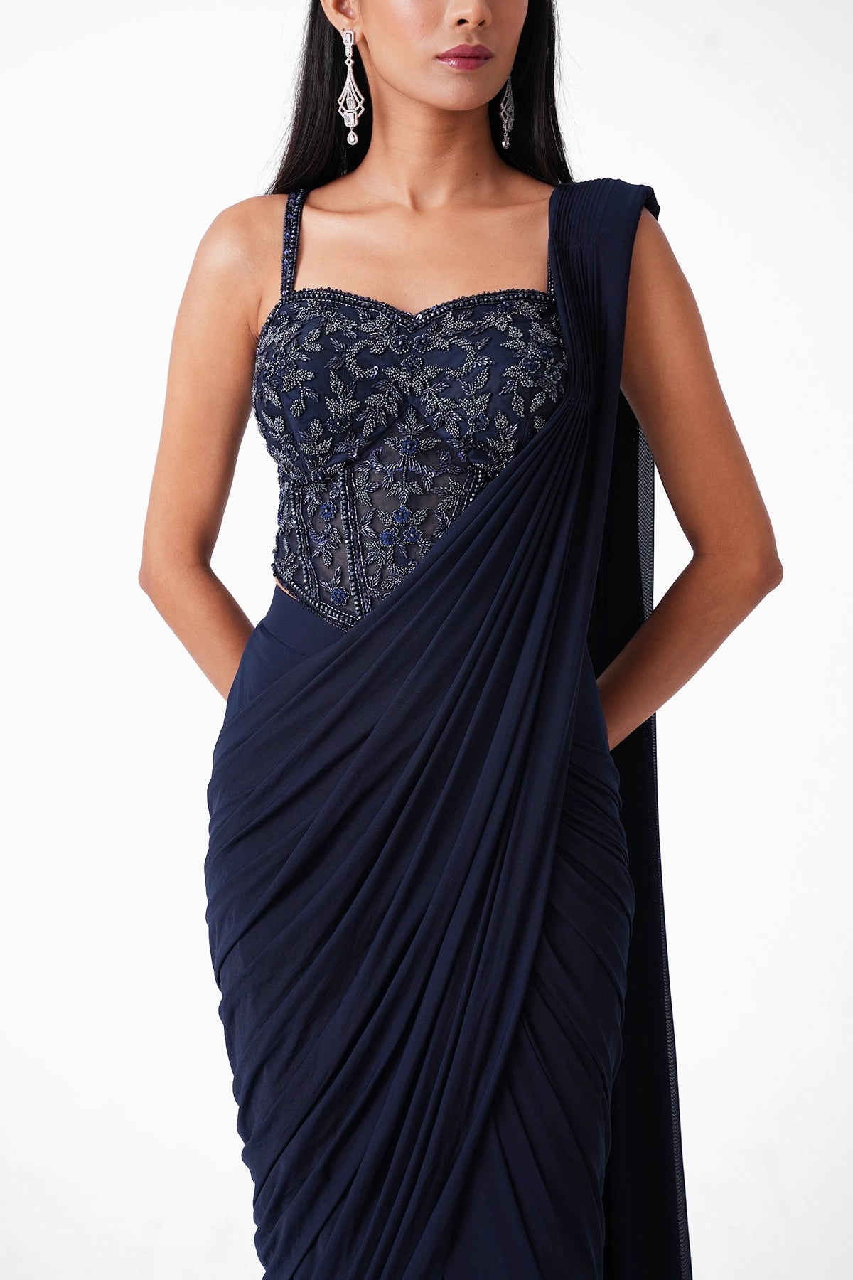 Navy Blue Corset Pre-Draped Saree In Lycra