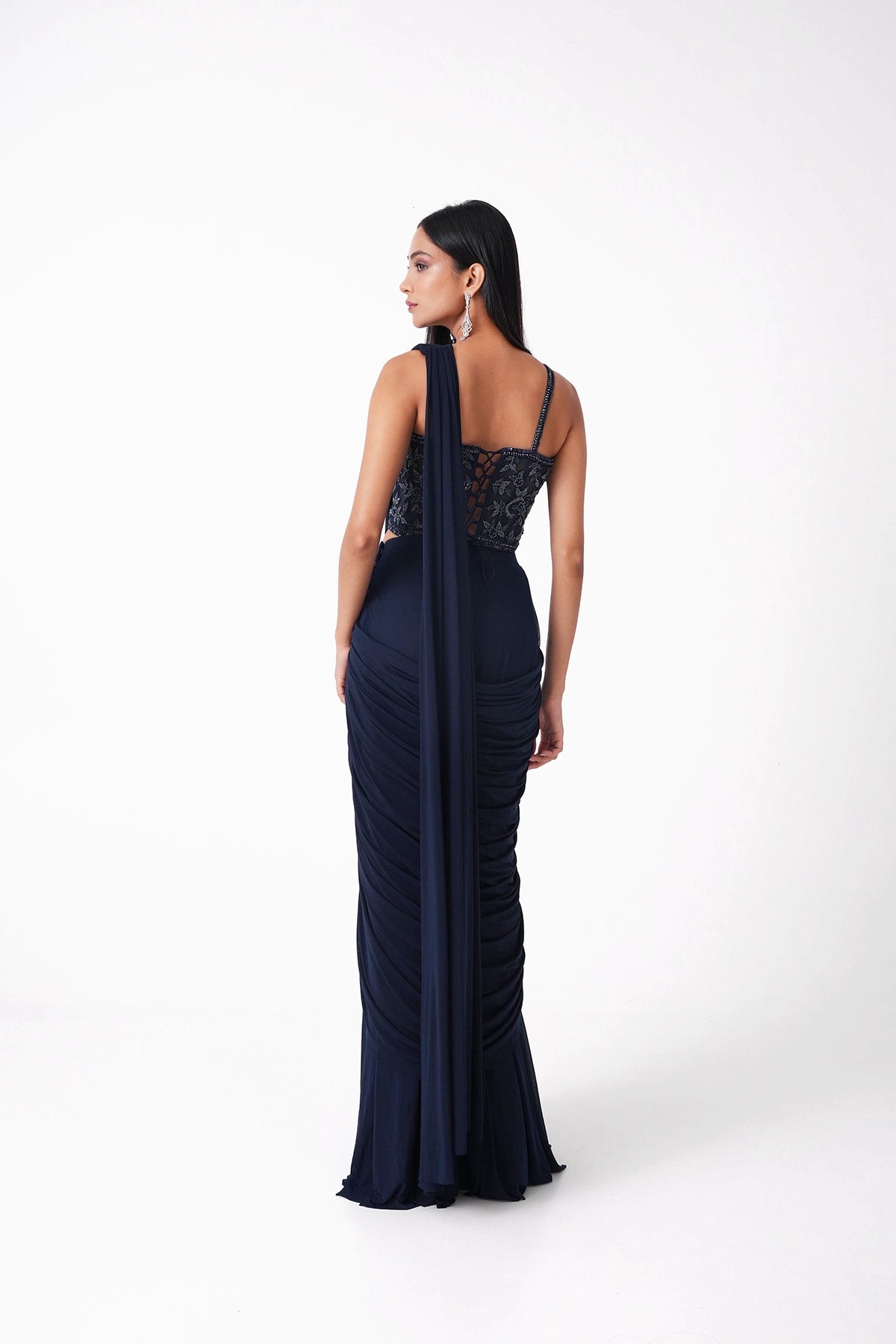 Navy Blue Corset Pre-Draped Saree In Lycra