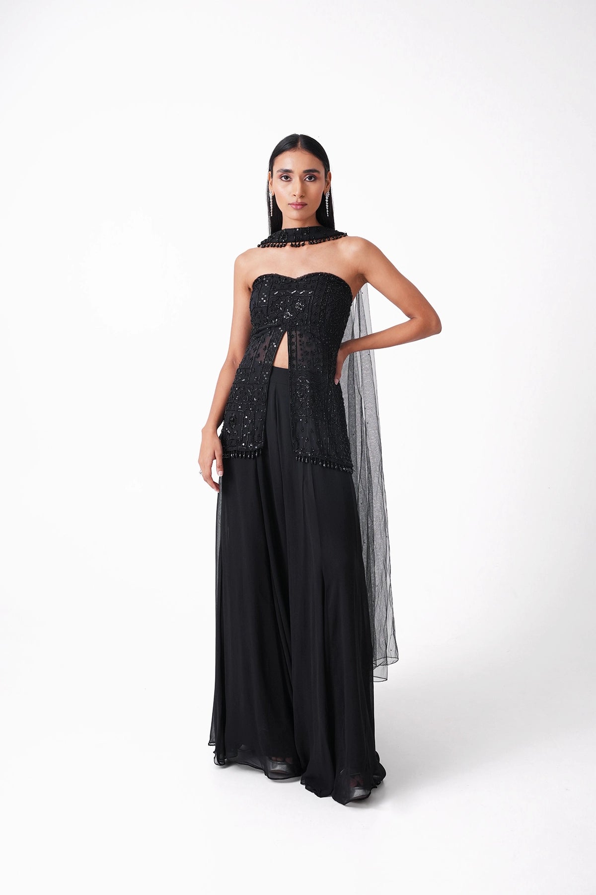 Black Off-Shoulder Indowestern Palazzo Set