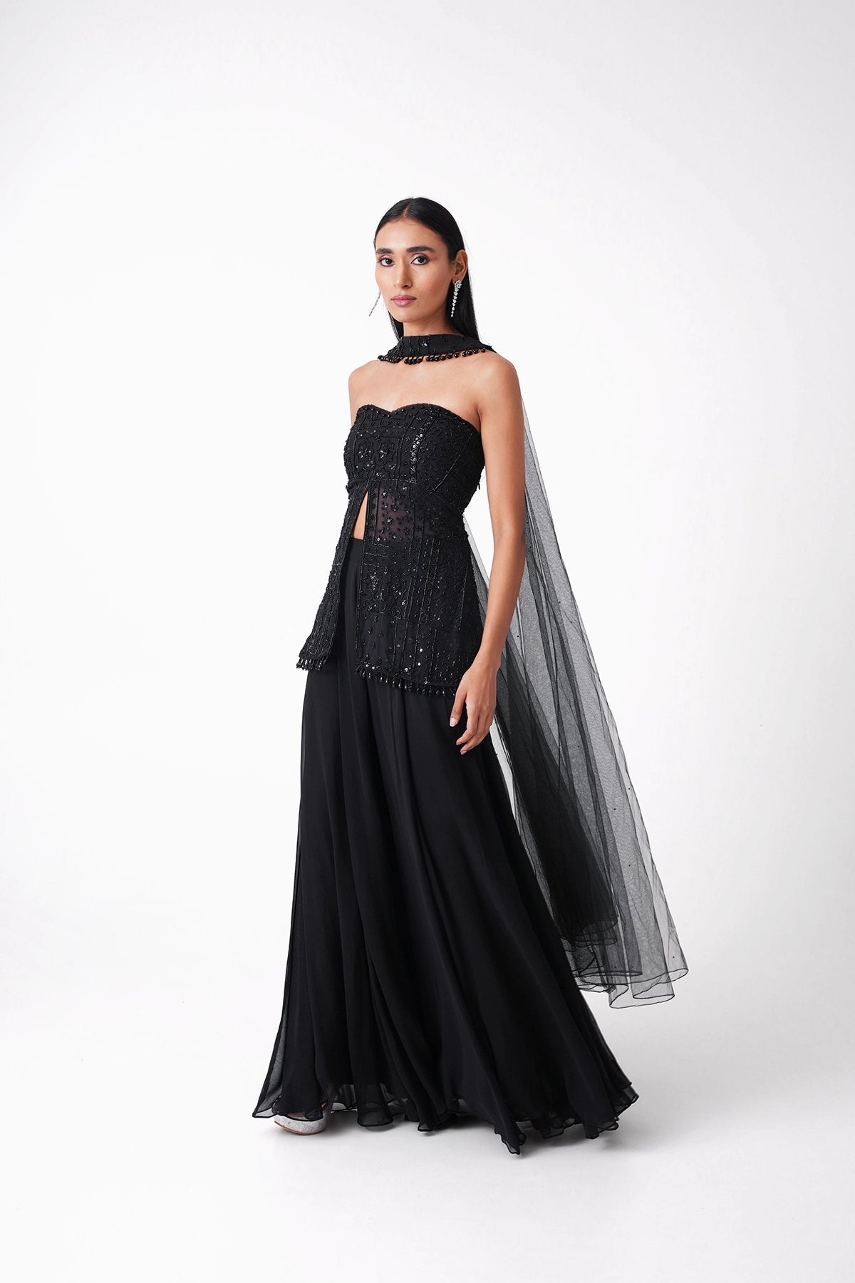 Black Off-Shoulder Indowestern Palazzo Set