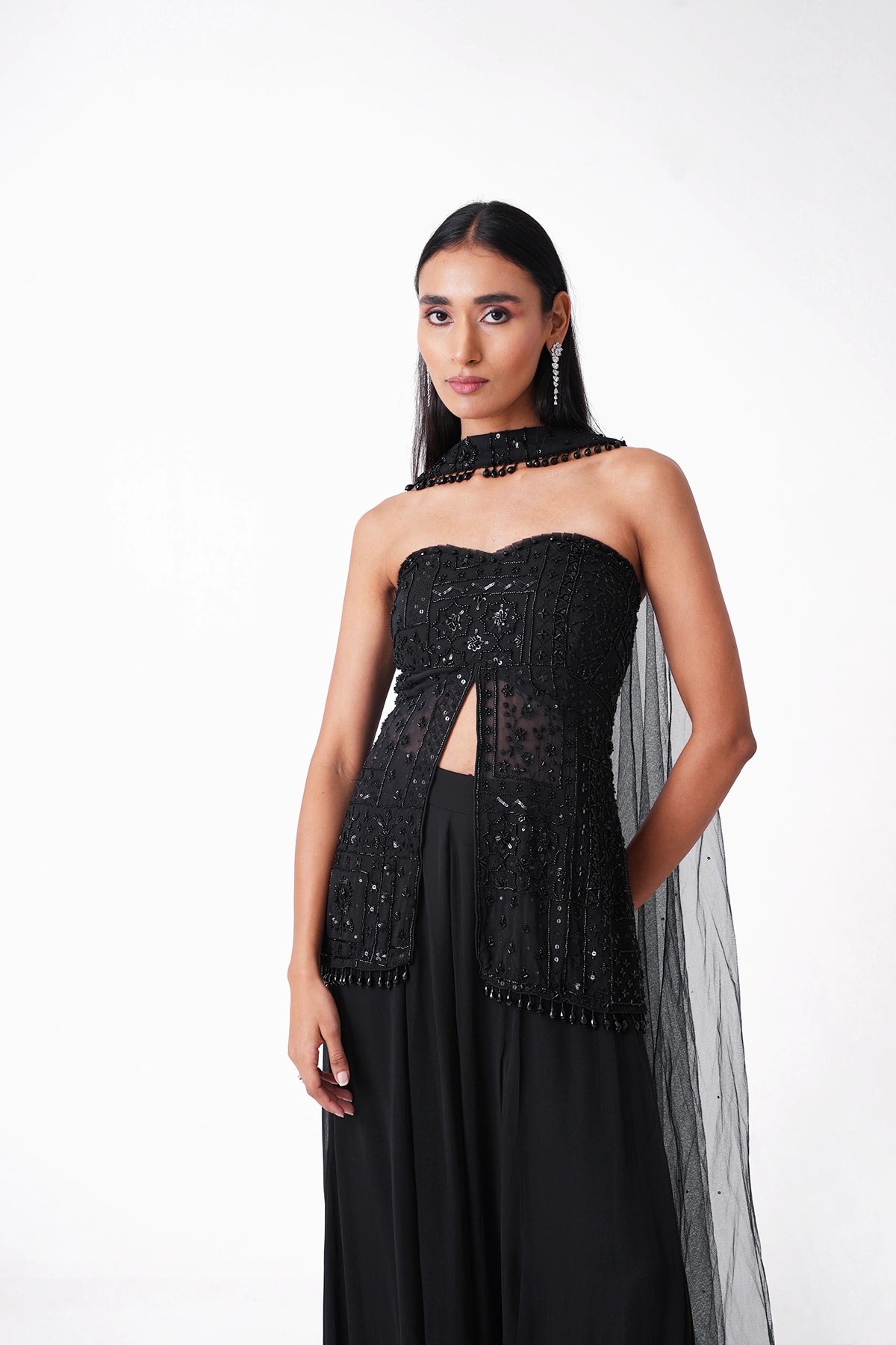 Black Off-Shoulder Indowestern Palazzo Set