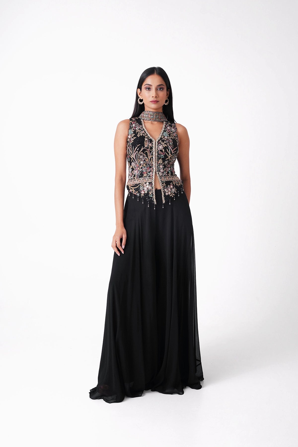 Black Multicoloured Indowestern Palazzo Set