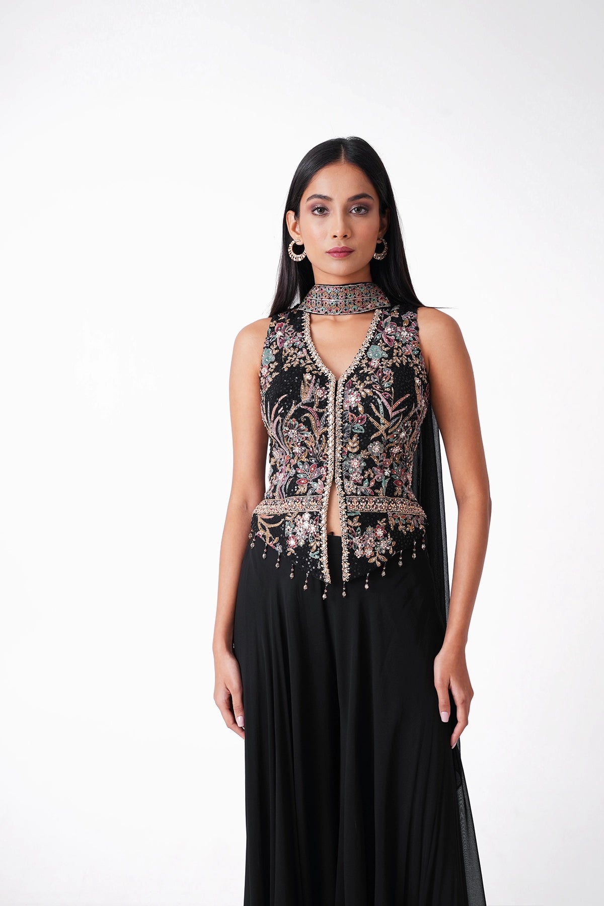 Black Multicoloured Indowestern Palazzo Set