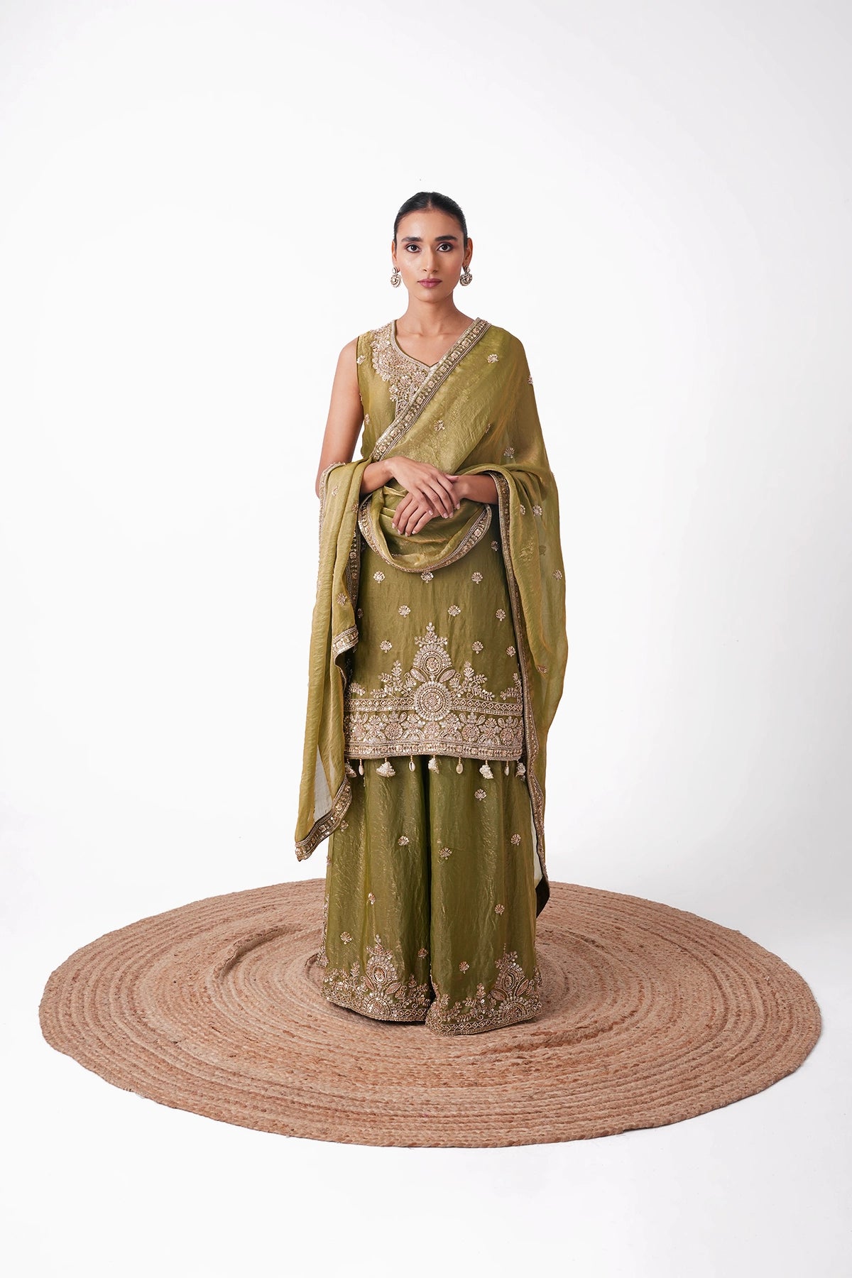 Light Mehendi Green Suit Set In Tissue Fabric