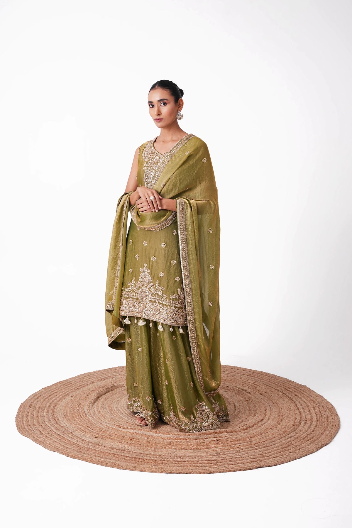 Light Mehendi Green Suit Set In Tissue Fabric