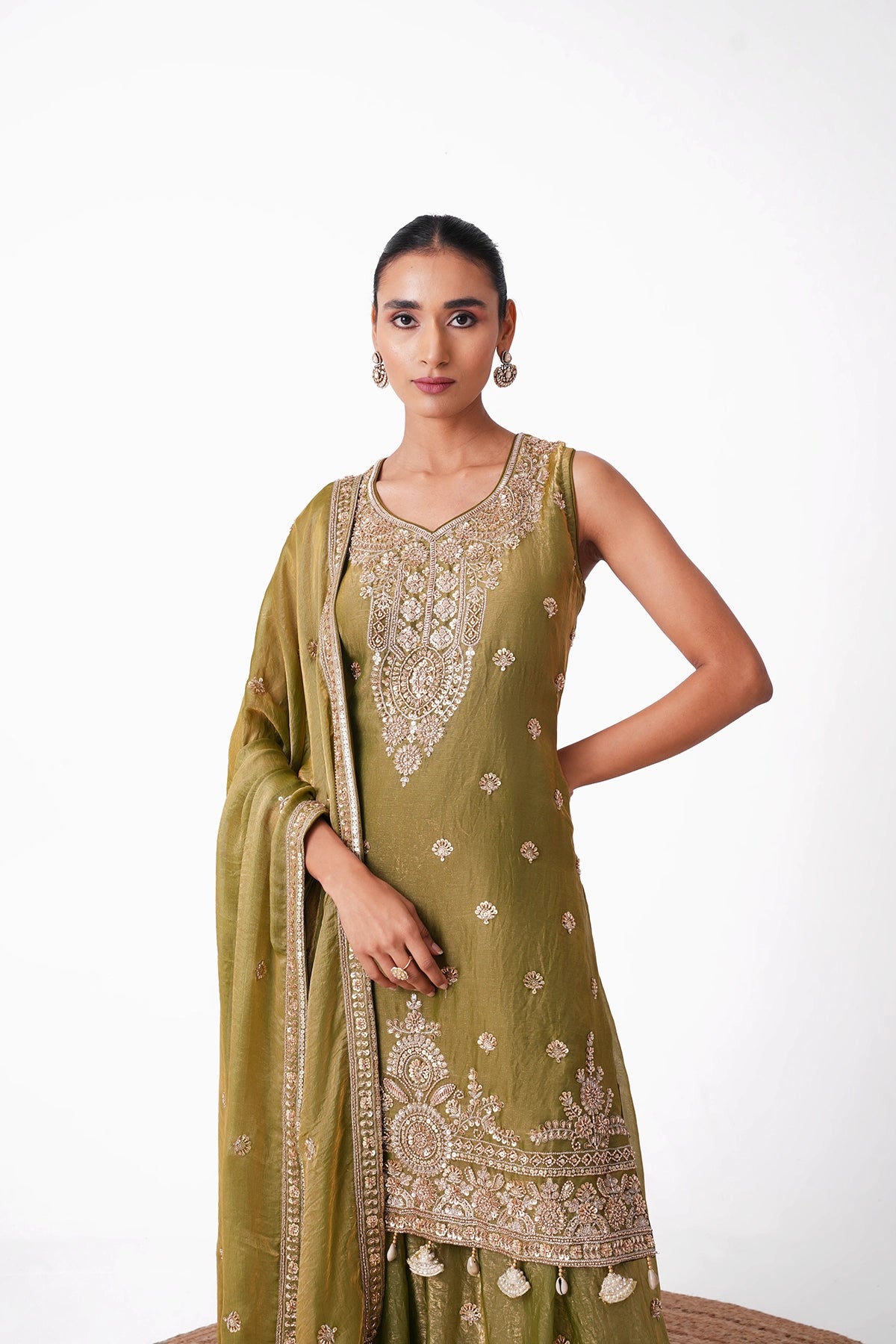 Light Mehendi Green Suit Set In Tissue Fabric