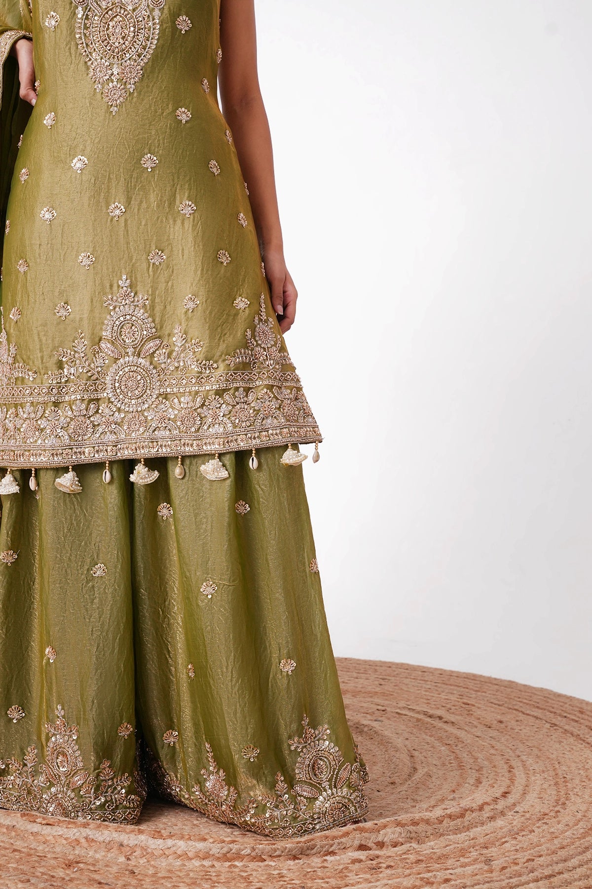 Light Mehendi Green Suit Set In Tissue Fabric