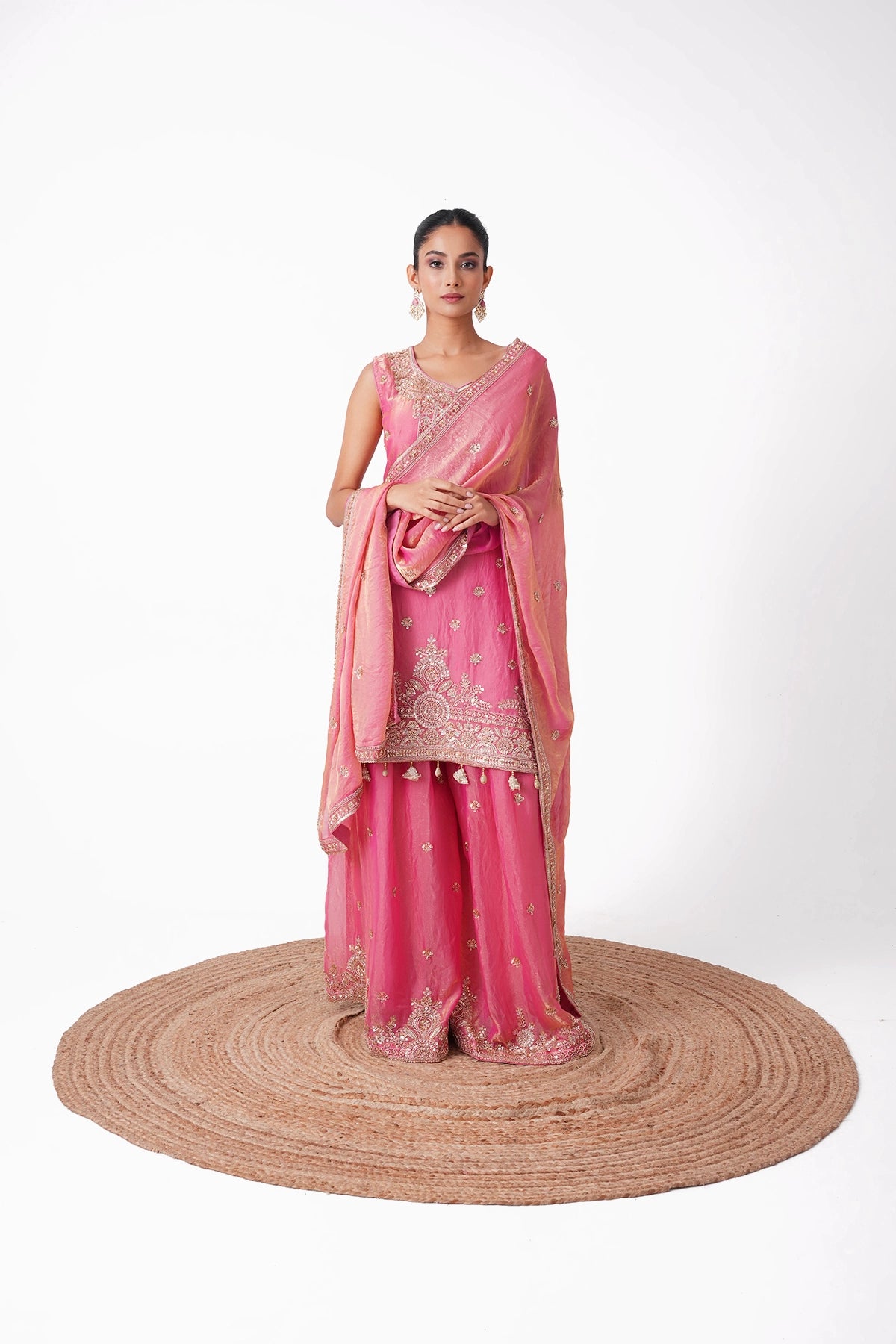 Peachish Pink Suit Set In Tissue Fabric