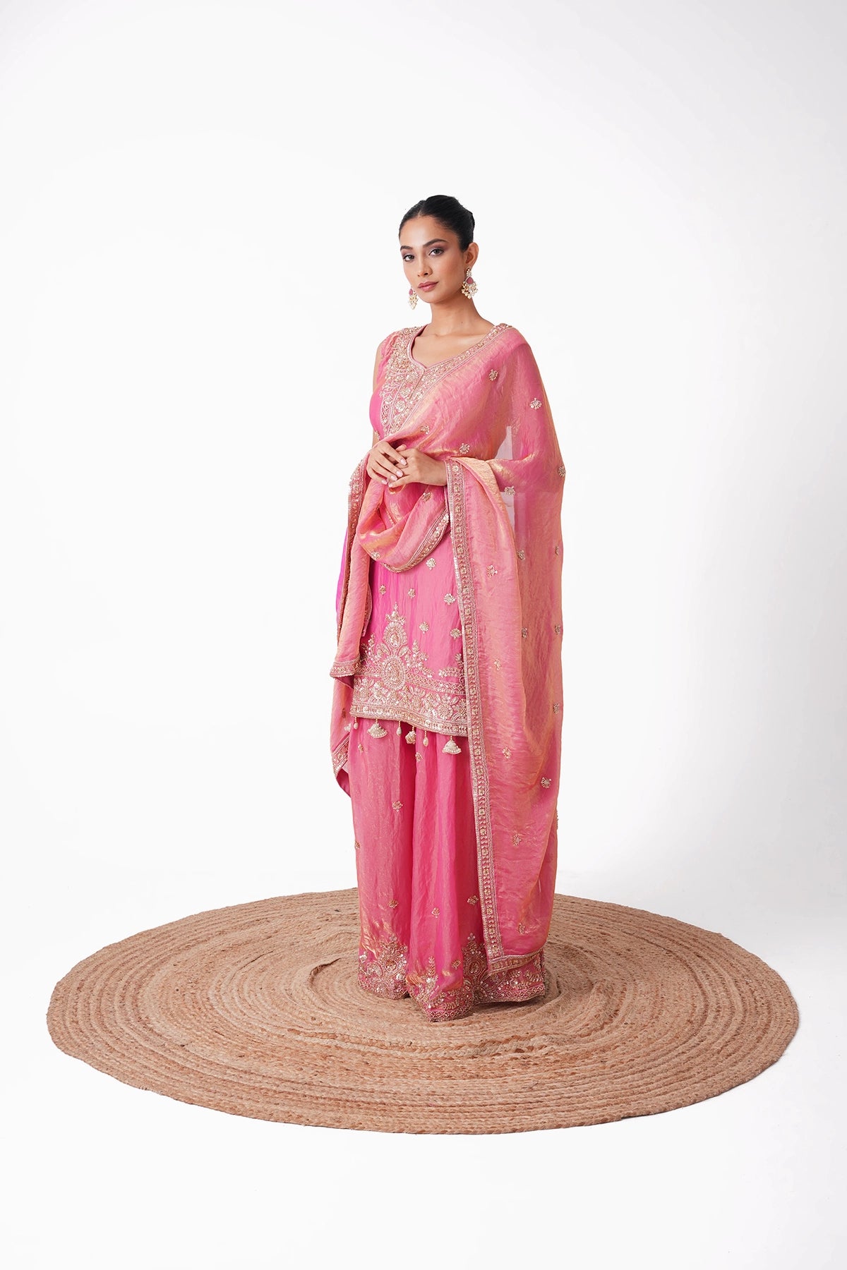 Peachish Pink Suit Set In Tissue Fabric