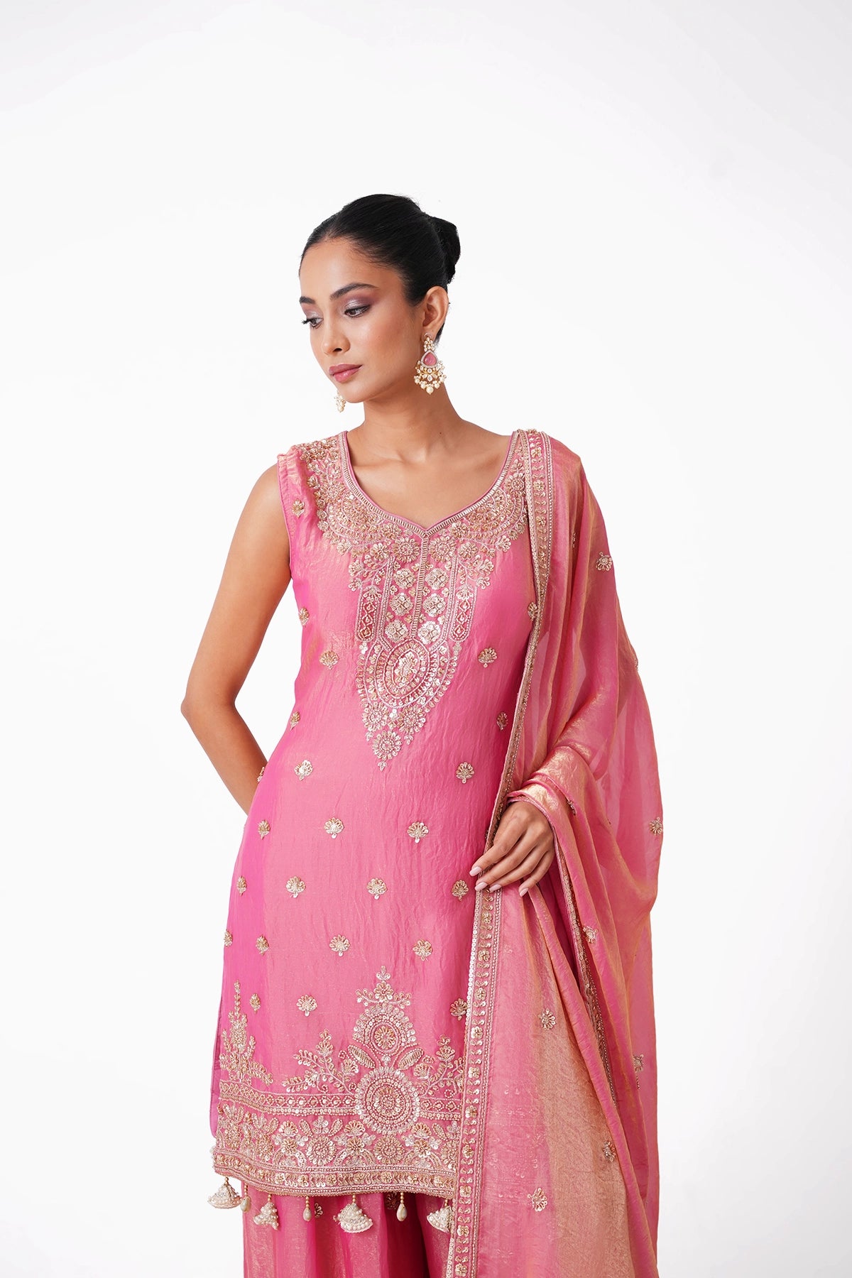 Peachish Pink Suit Set In Tissue Fabric