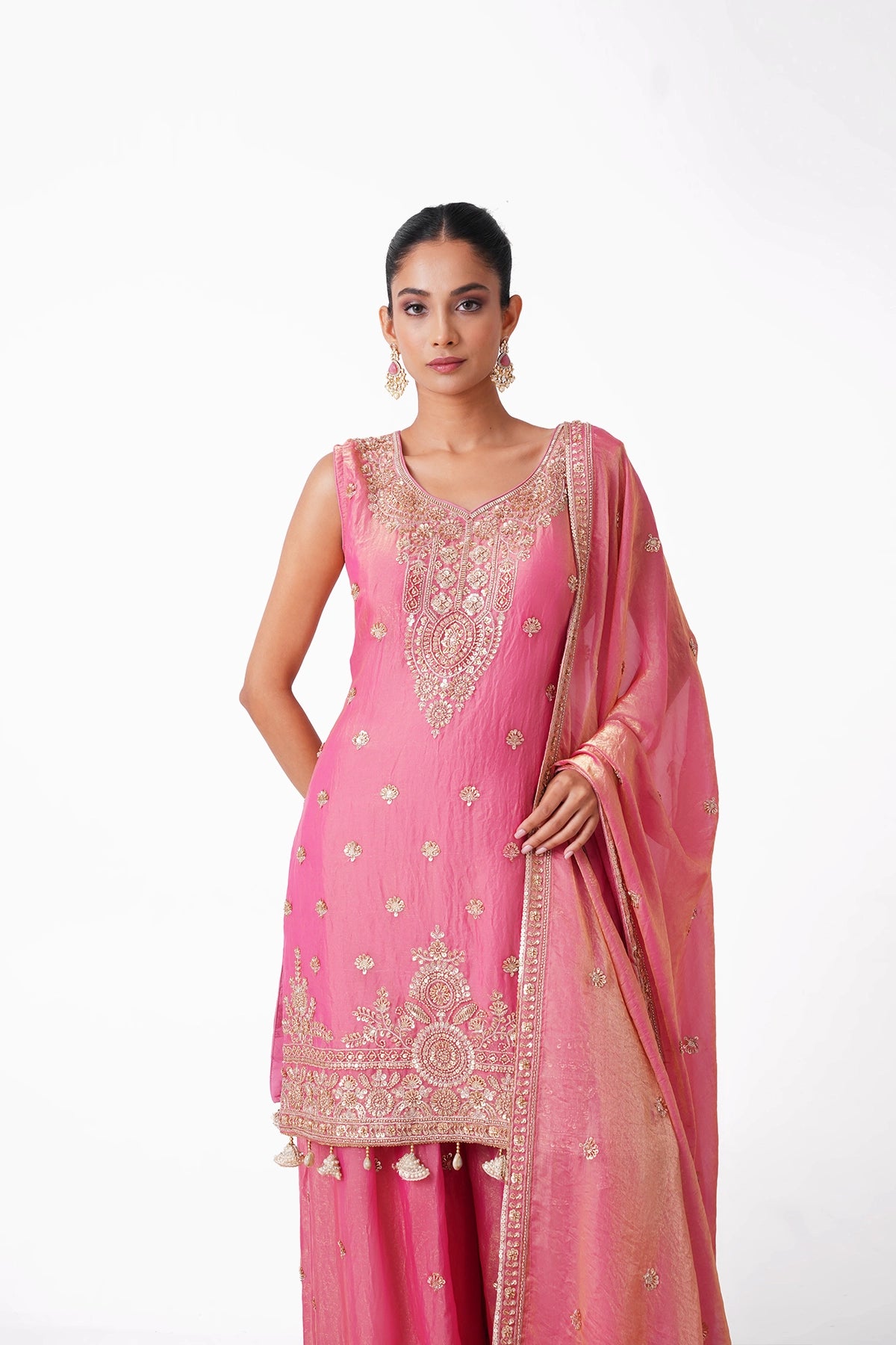 Peachish Pink Suit Set In Tissue Fabric