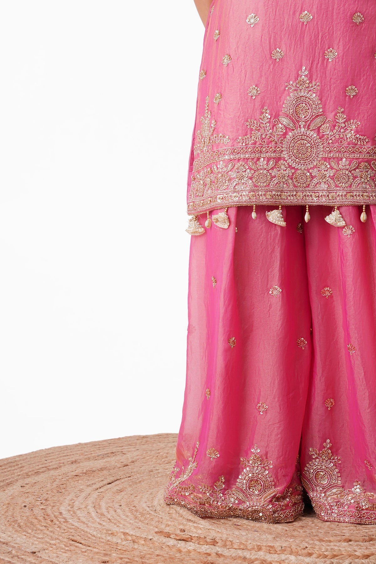 Peachish Pink Suit Set In Tissue Fabric