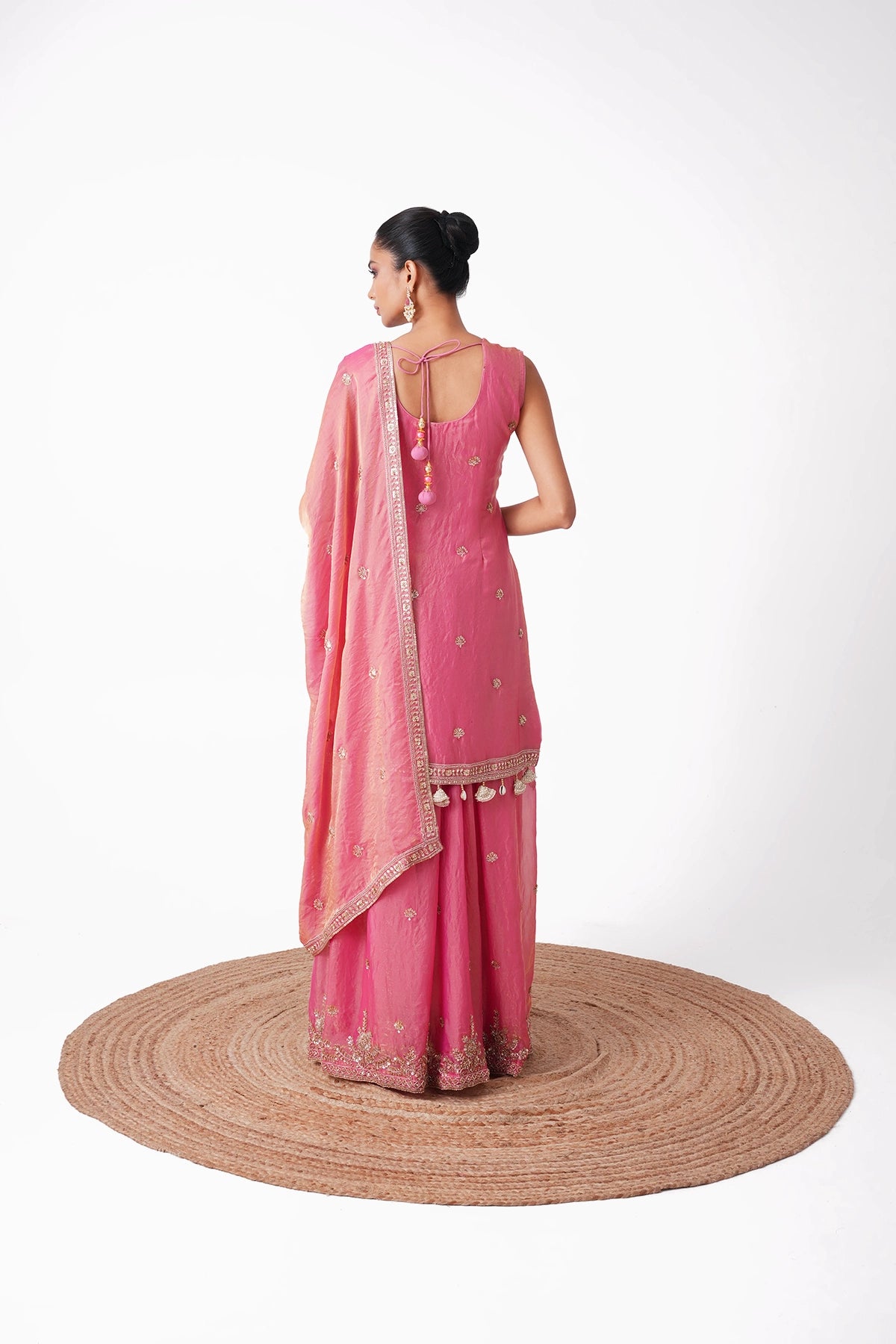 Peachish Pink Suit Set In Tissue Fabric