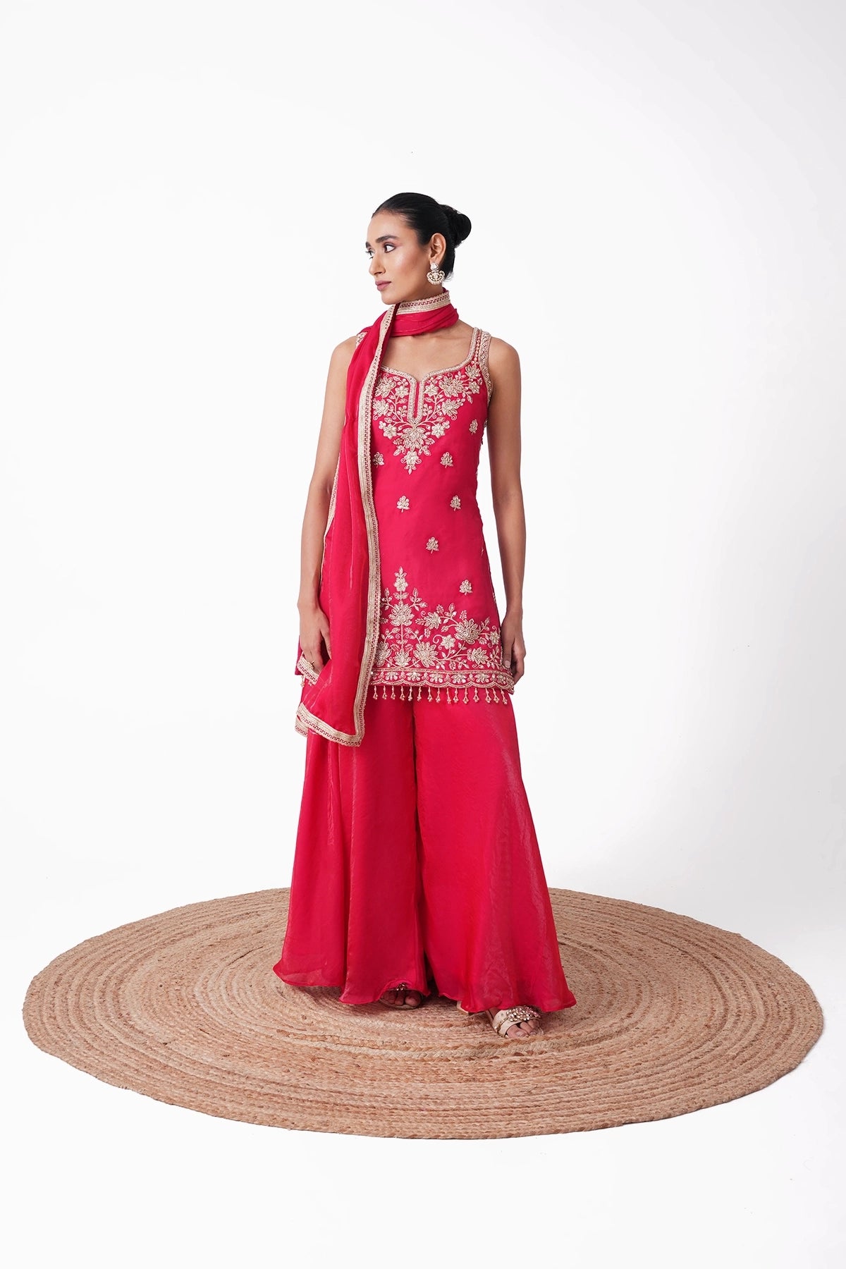 Tomato Red Suit Set In Tissue Fabric