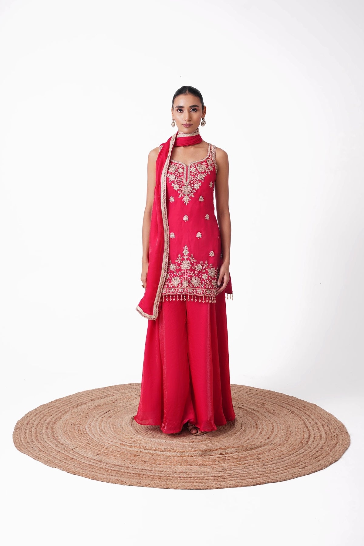 Tomato Red Suit Set In Tissue Fabric