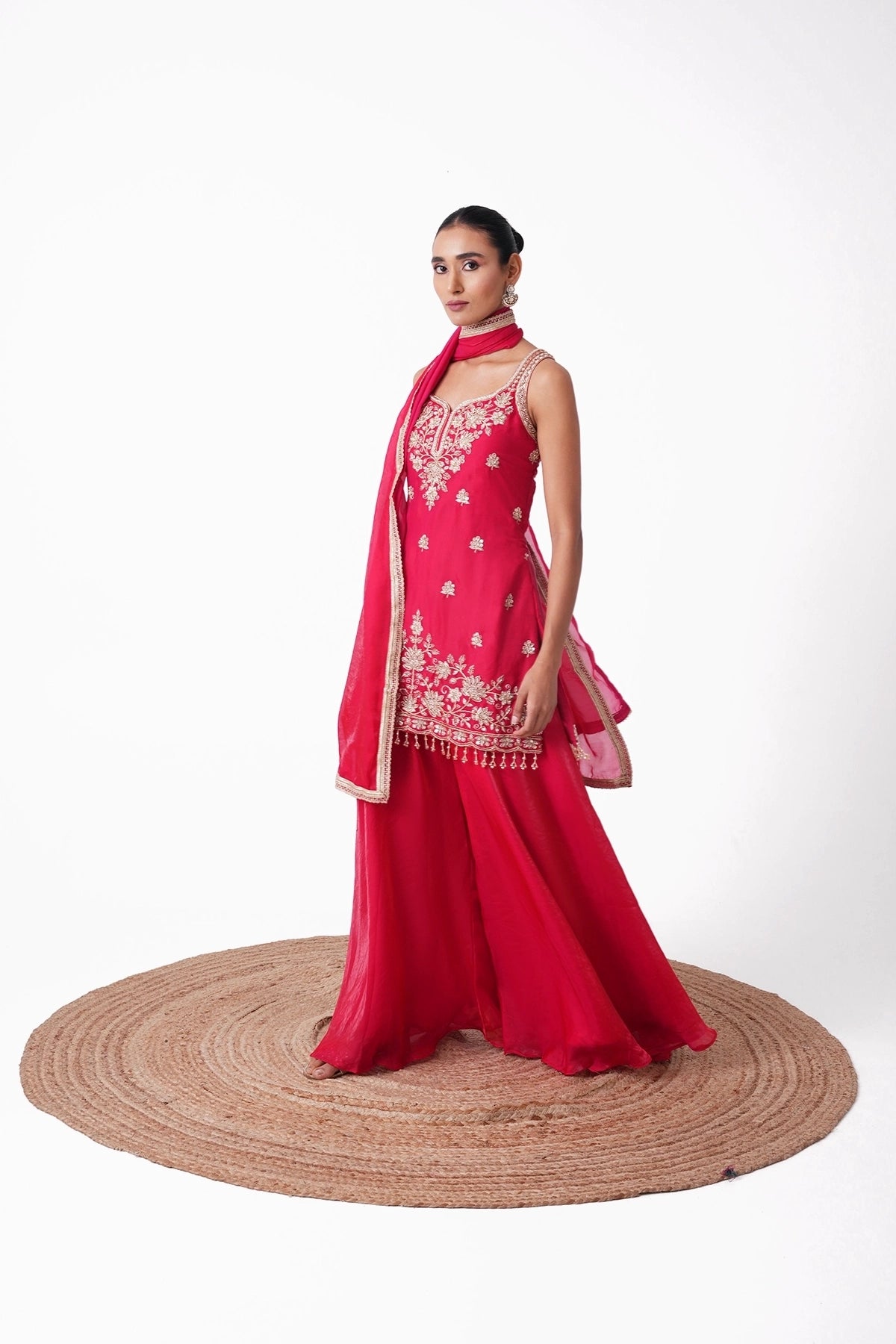 Tomato Red Suit Set In Tissue Fabric