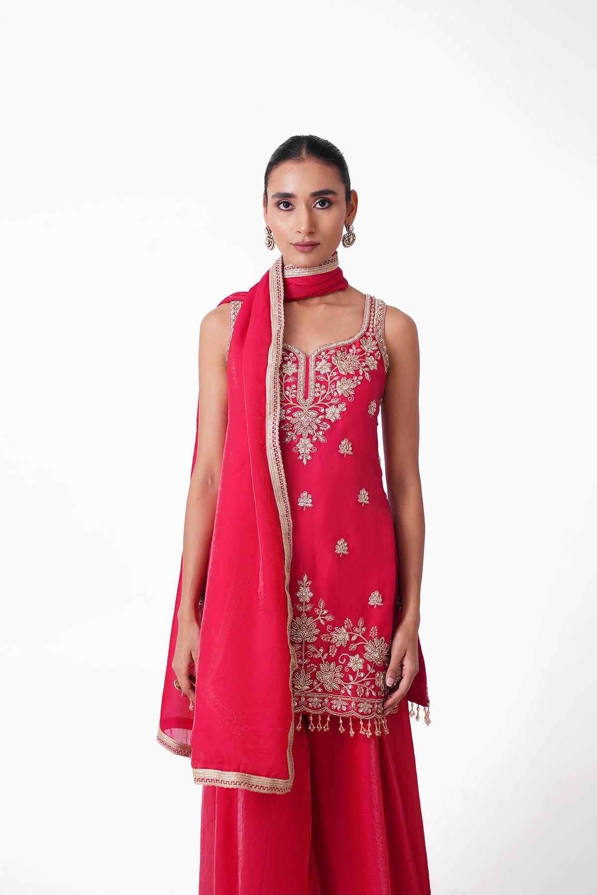 Tomato Red Suit Set In Tissue Fabric