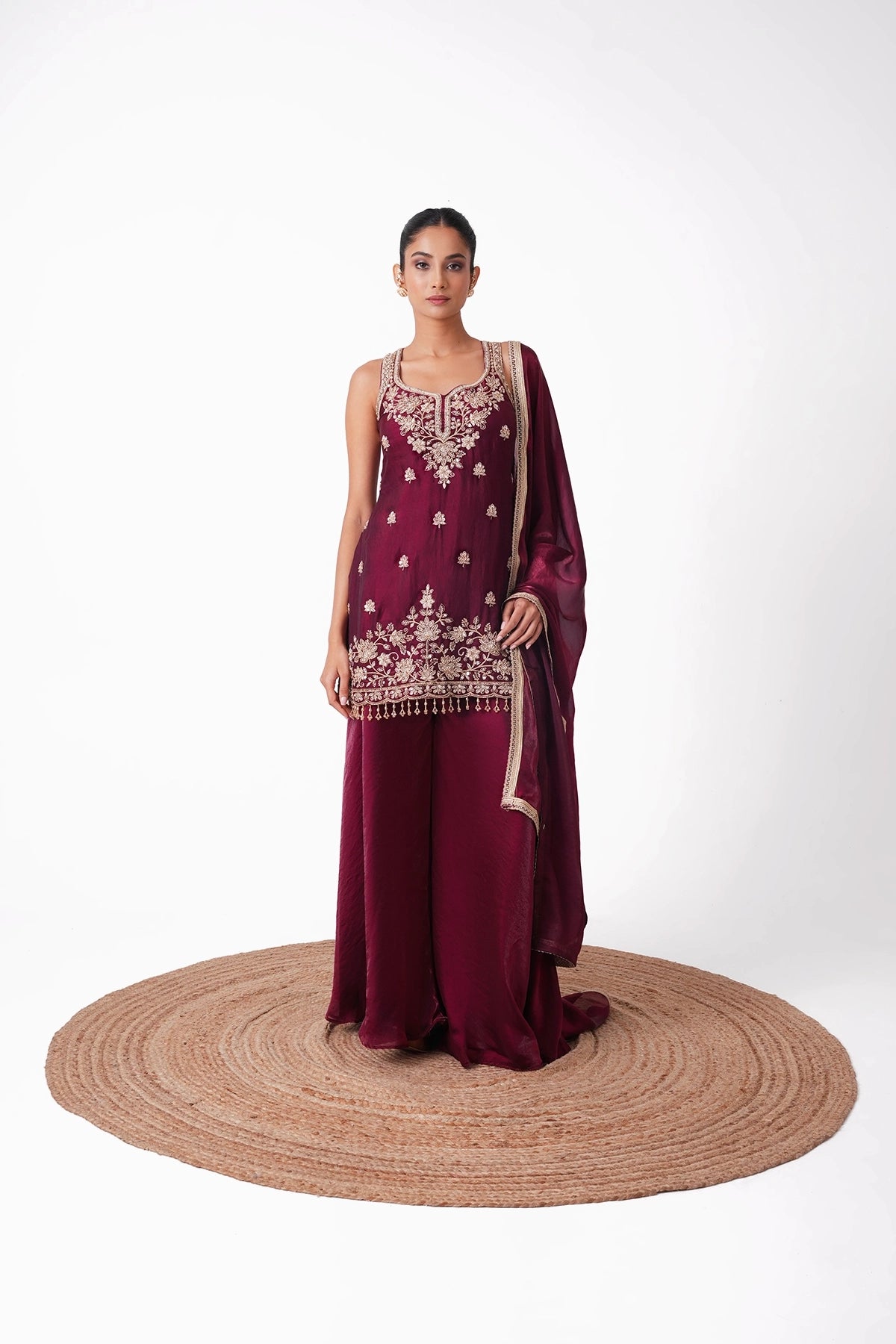 Dark Wine Suit Set In Tissue Fabric