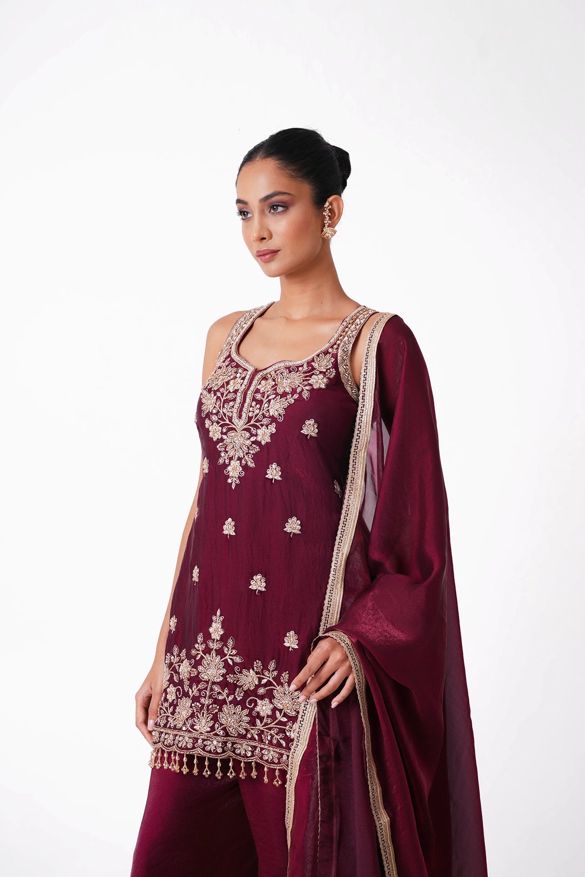 Dark Wine Suit Set In Tissue Fabric