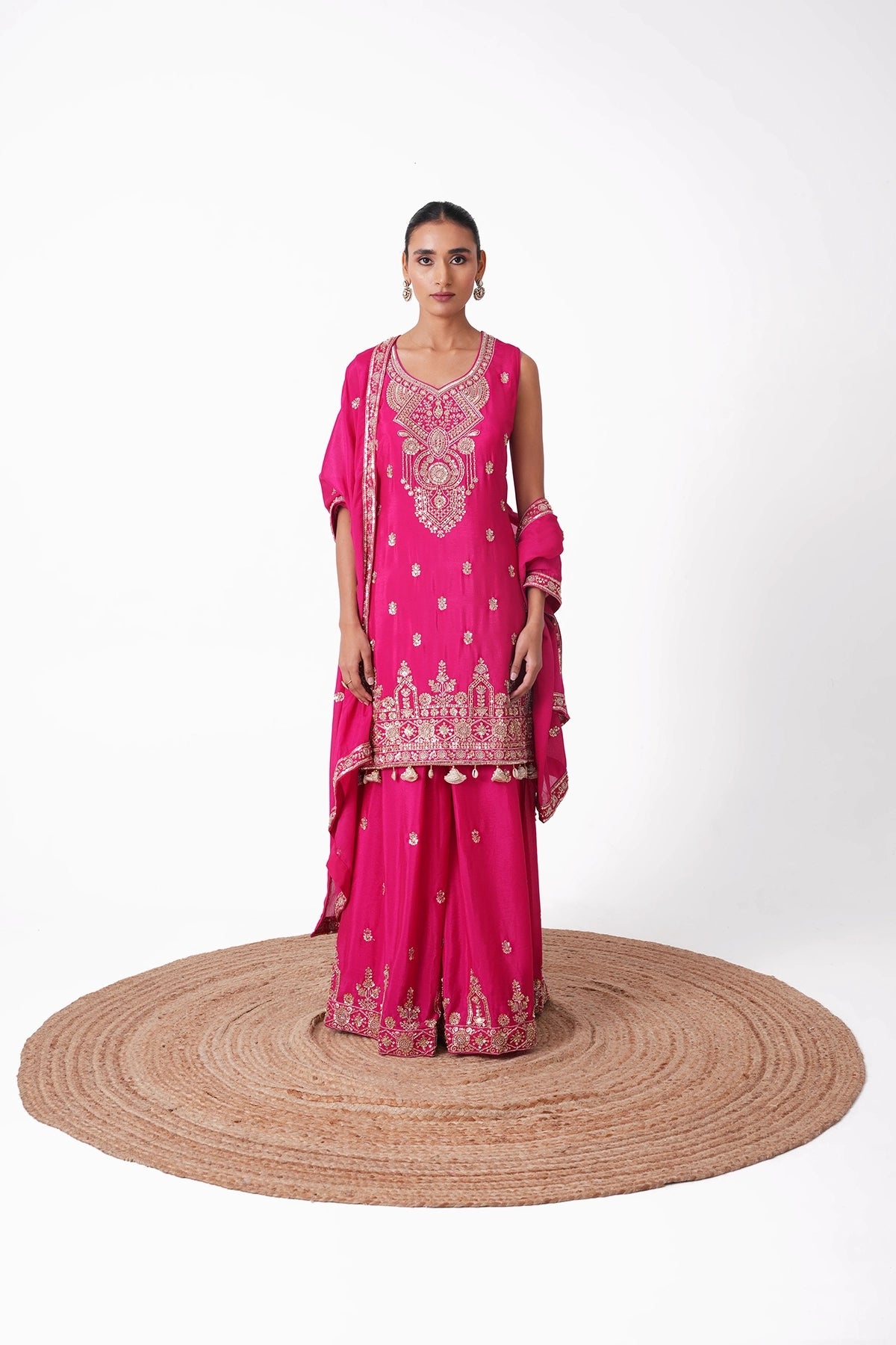 Rani Pink Embroidered Suit Set In Chinnon