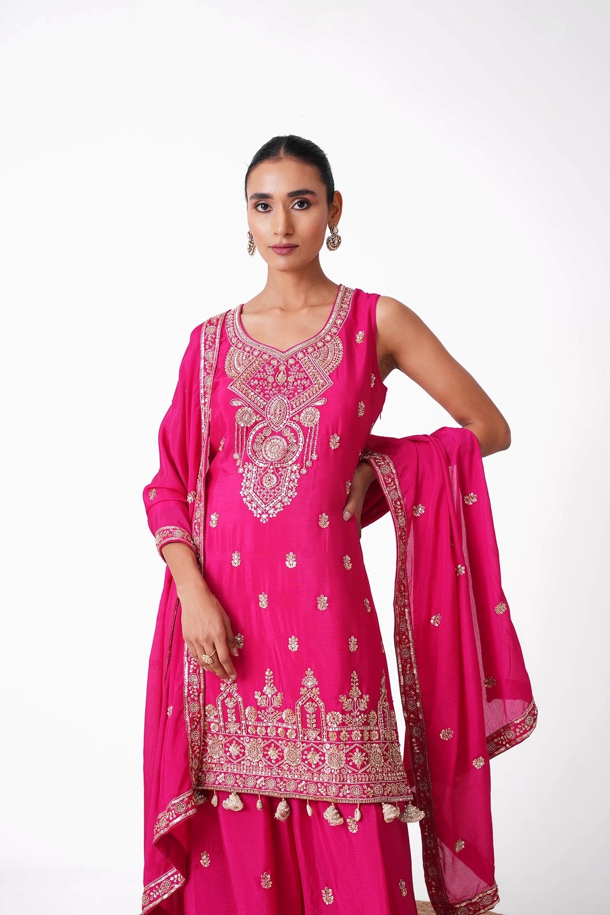 Rani Pink Embroidered Suit Set In Chinnon
