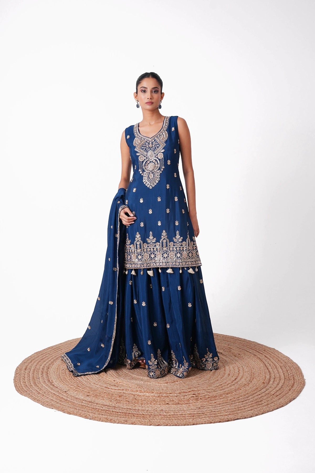 Teal Blue Embroidered Suit Set In Chinnon