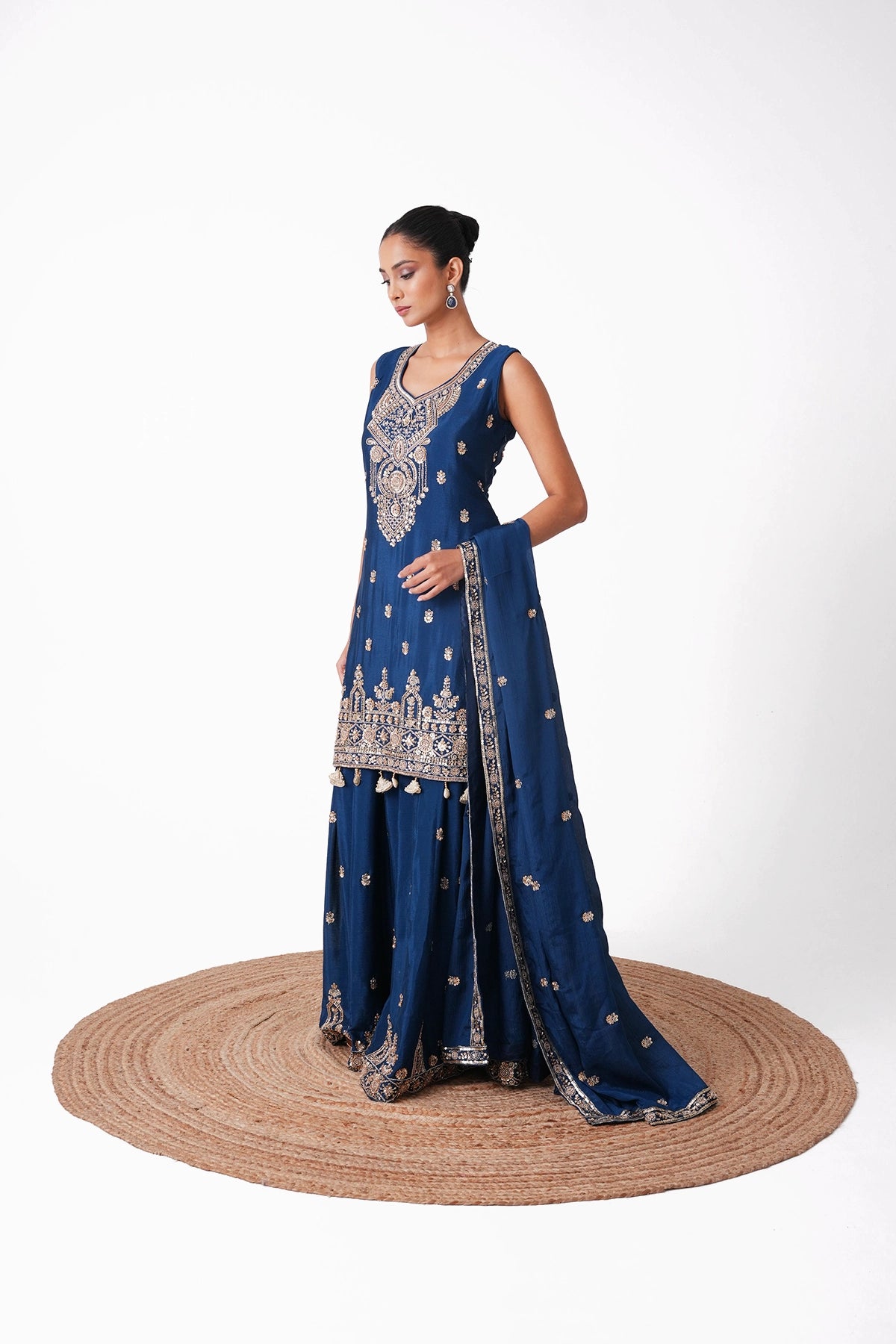 Teal Blue Embroidered Suit Set In Chinnon