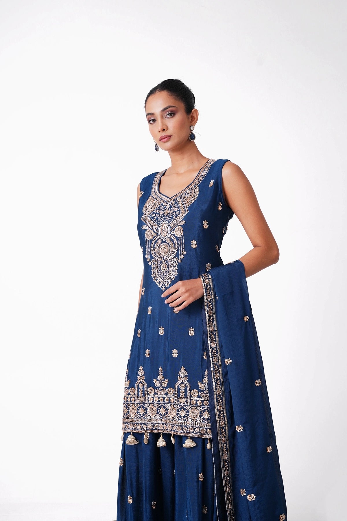 Teal Blue Embroidered Suit Set In Chinnon