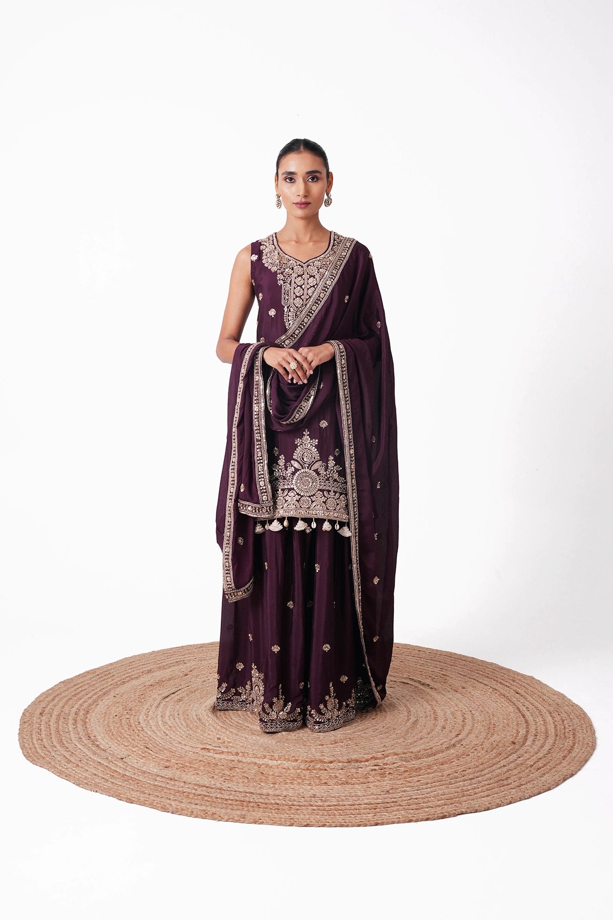 Wine Embroidered Suit Set In Chinnon