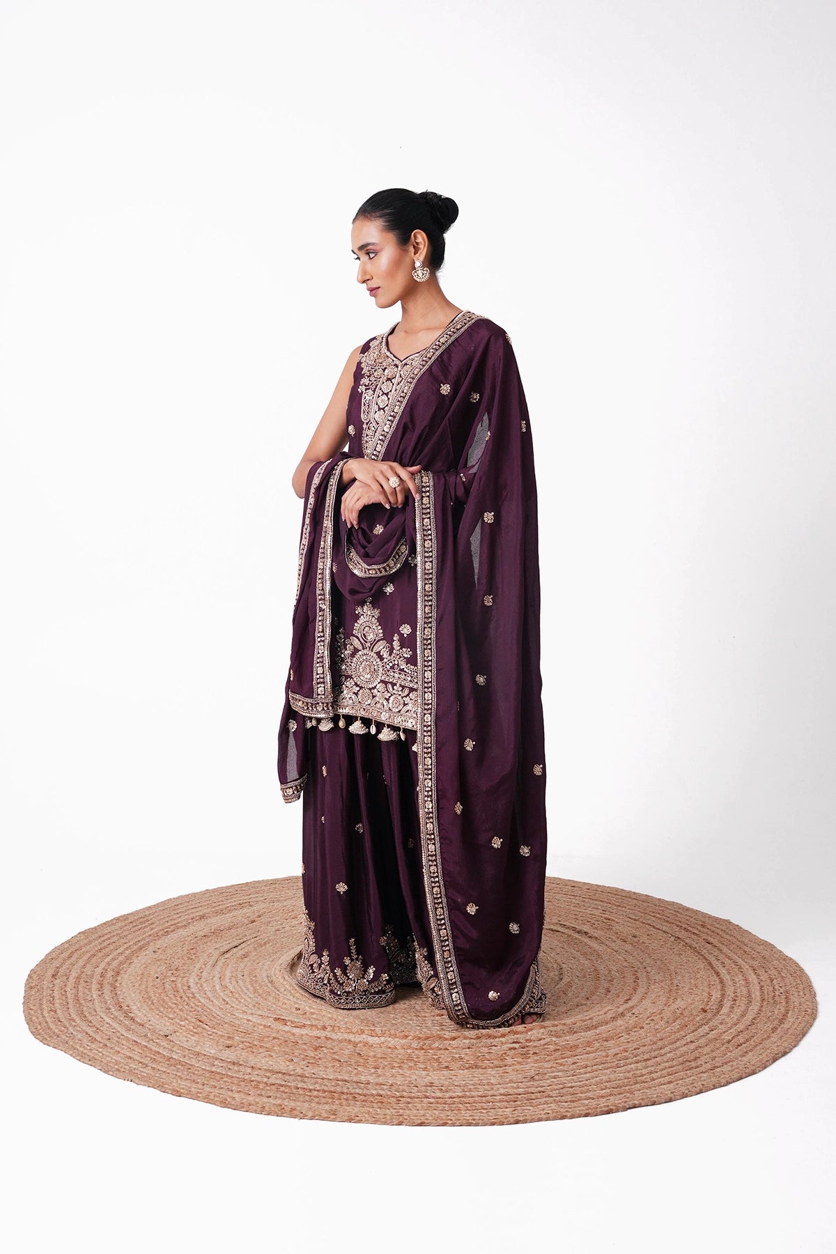 Wine Embroidered Suit Set In Chinnon