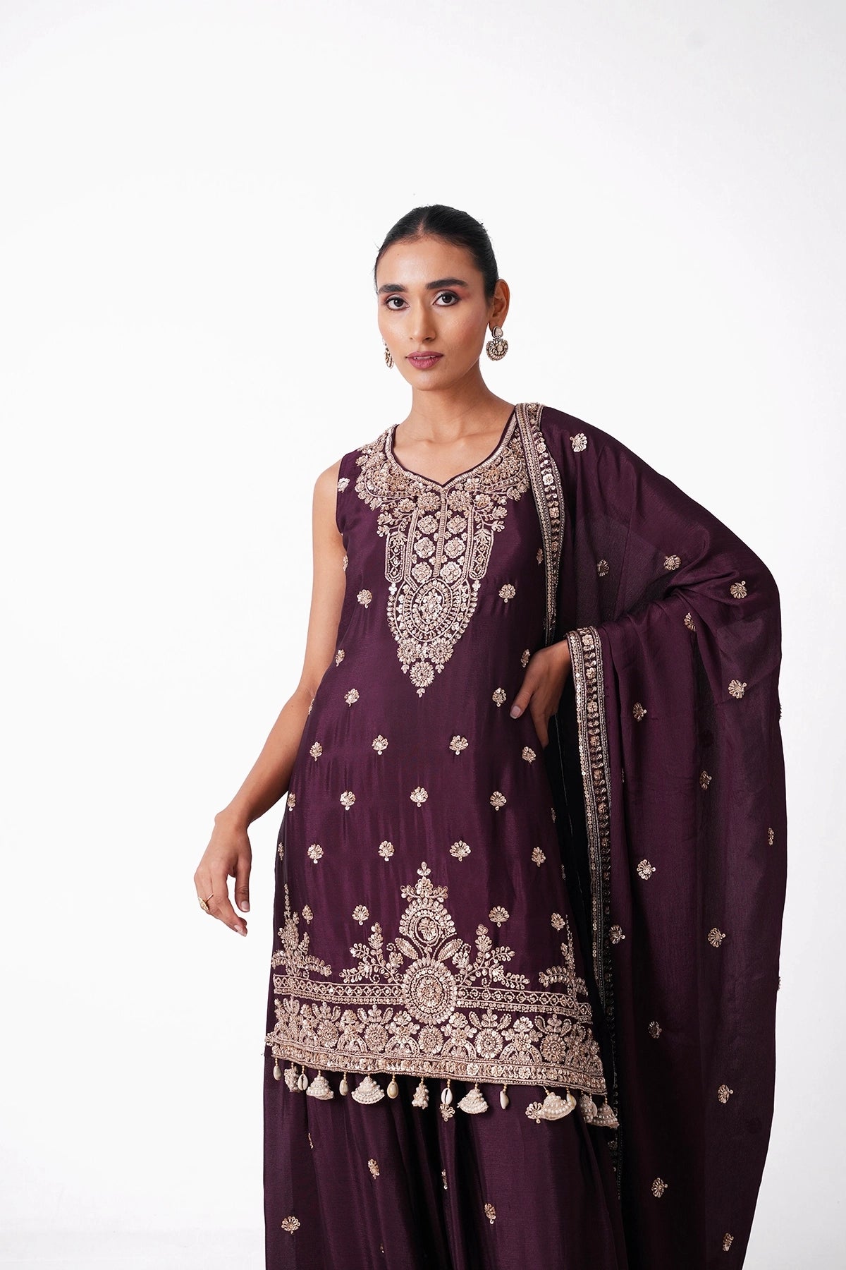 Wine Embroidered Suit Set In Chinnon
