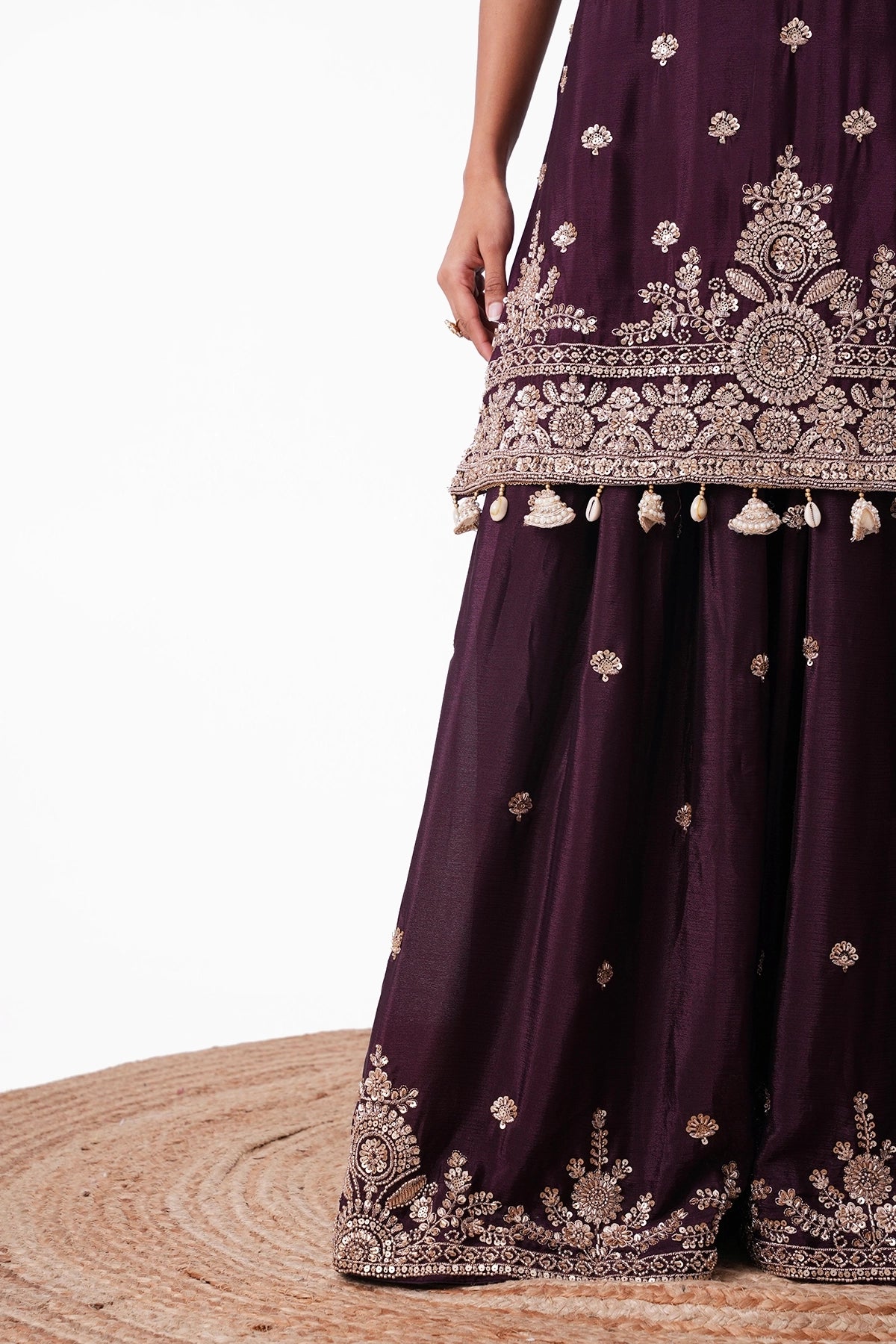 Wine Embroidered Suit Set In Chinnon