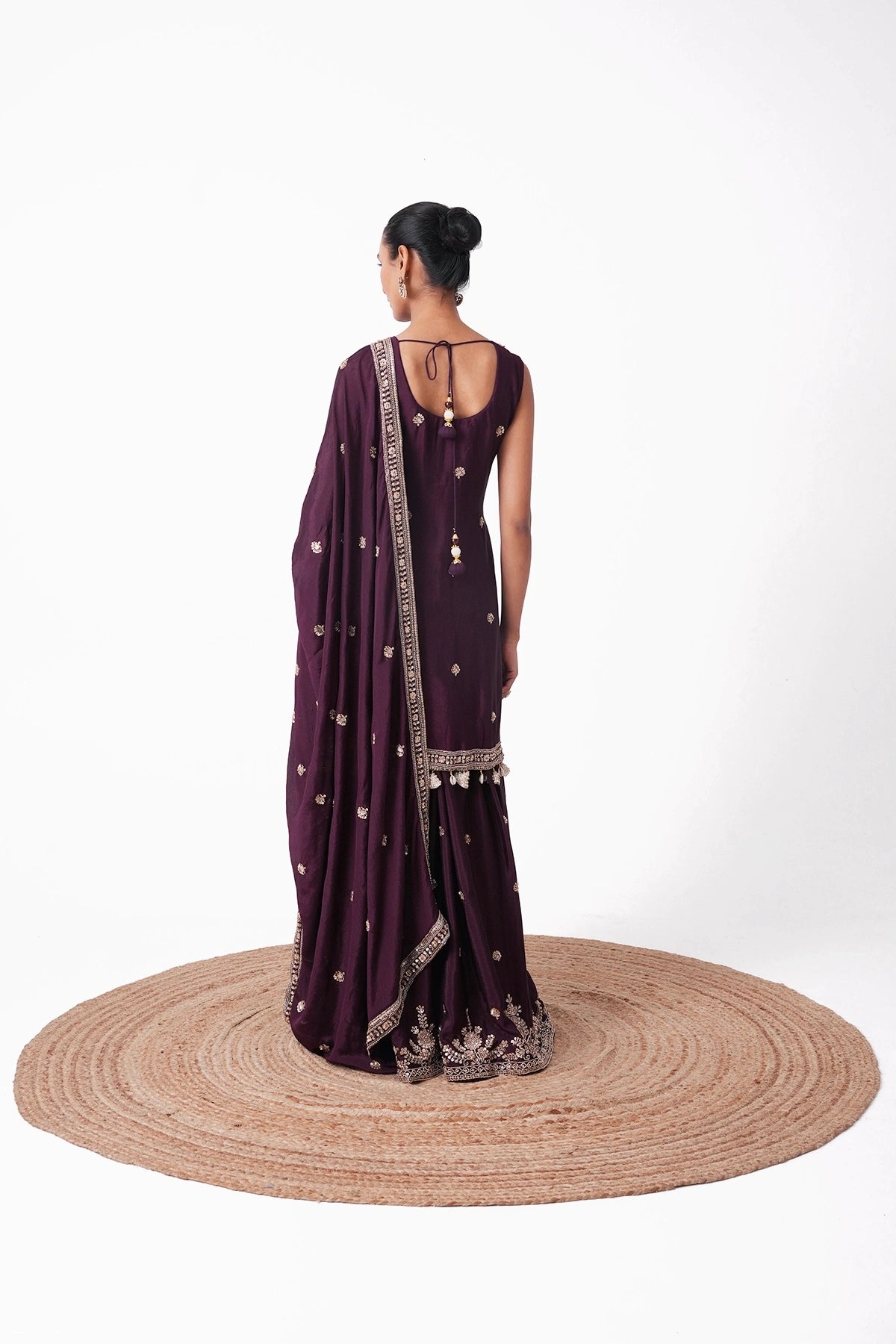 Wine Embroidered Suit Set In Chinnon