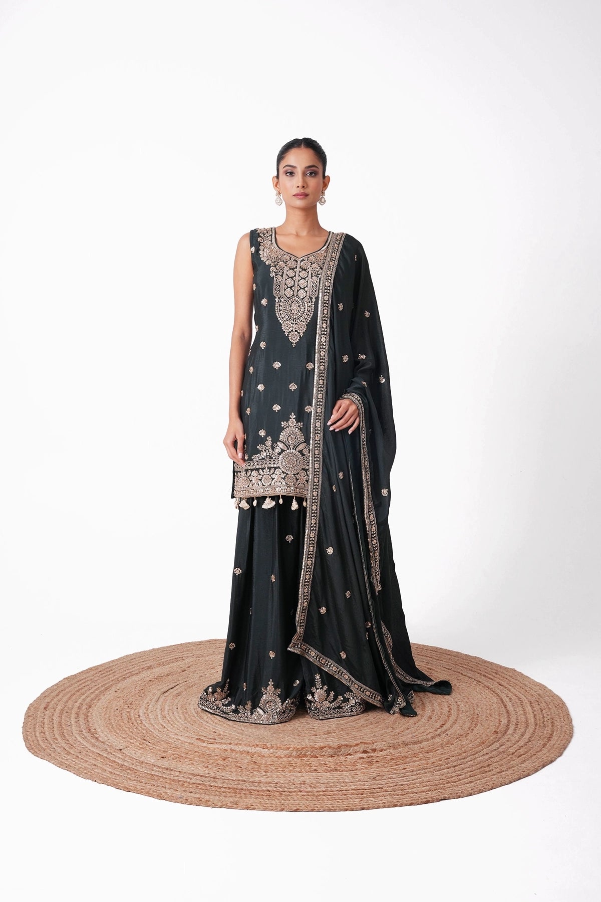 Bottle Green Embroidered Suit Set In Chinnon