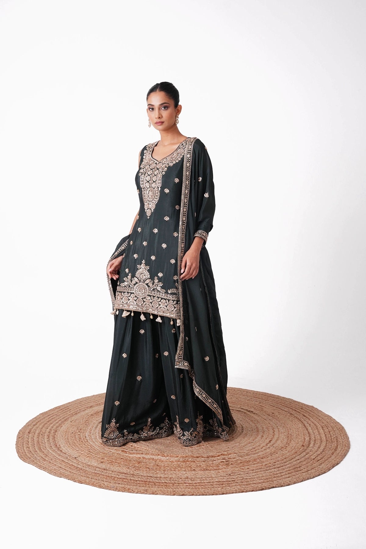 Bottle Green Embroidered Suit Set In Chinnon