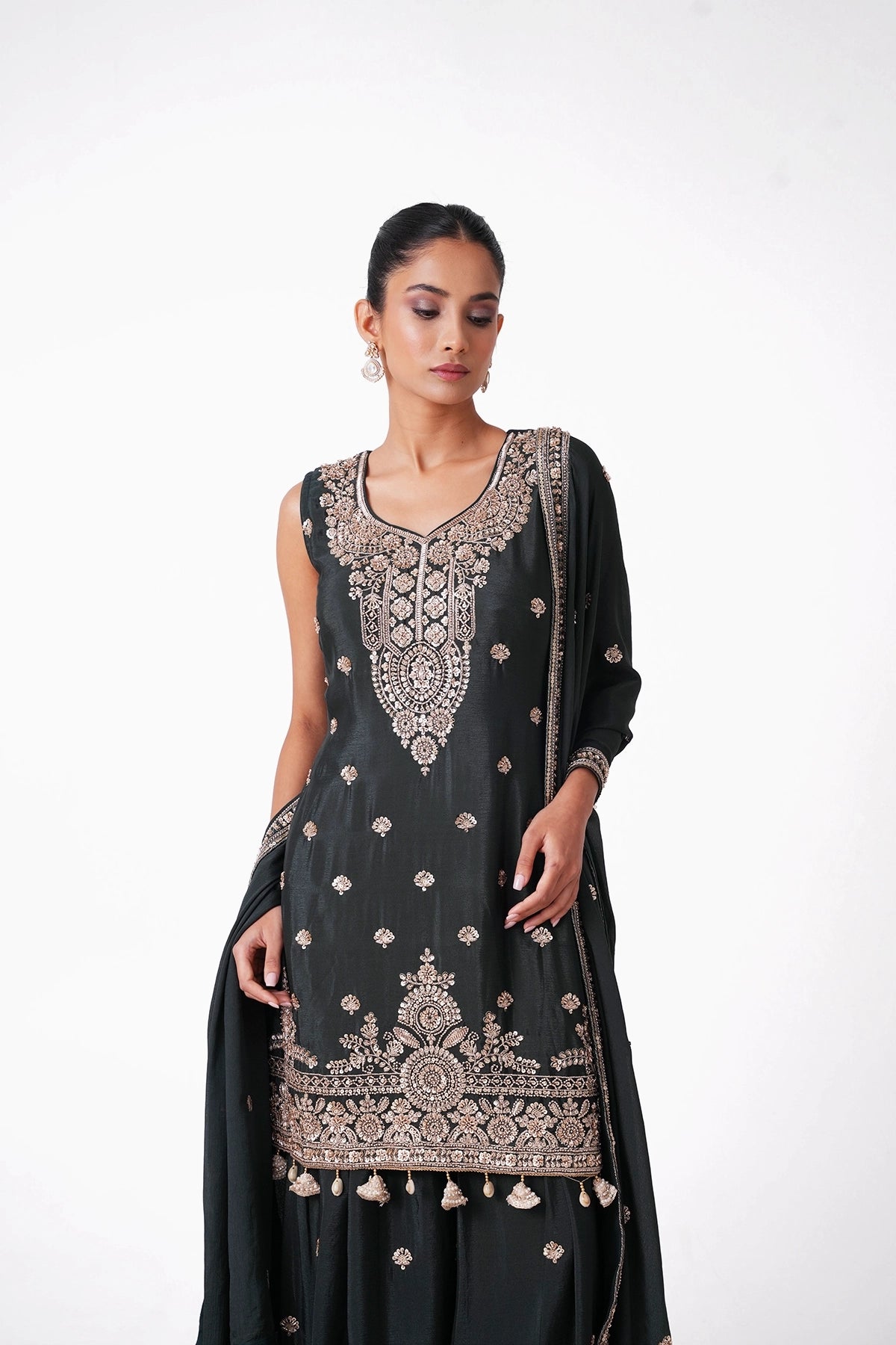 Bottle Green Embroidered Suit Set In Chinnon