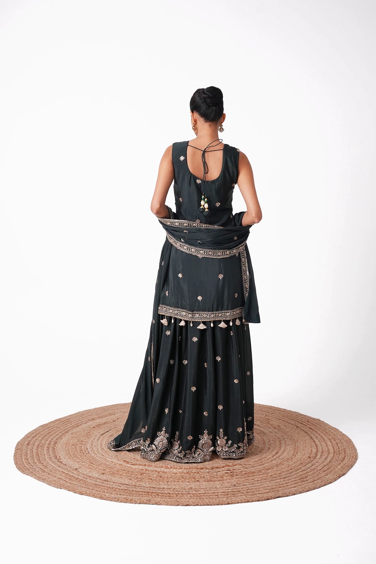 Bottle Green Embroidered Suit Set In Chinnon