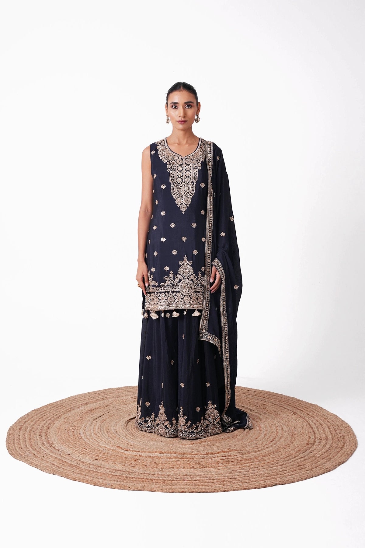 Navy Blue Embroidered Suit Set In Chinnon